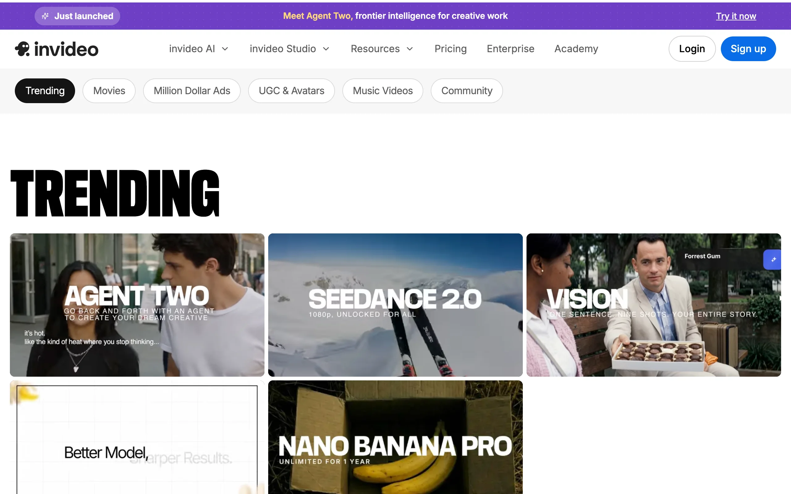 InVideo AI homepage showing trending models like Seedance 2.0 and Nano Banana Pro