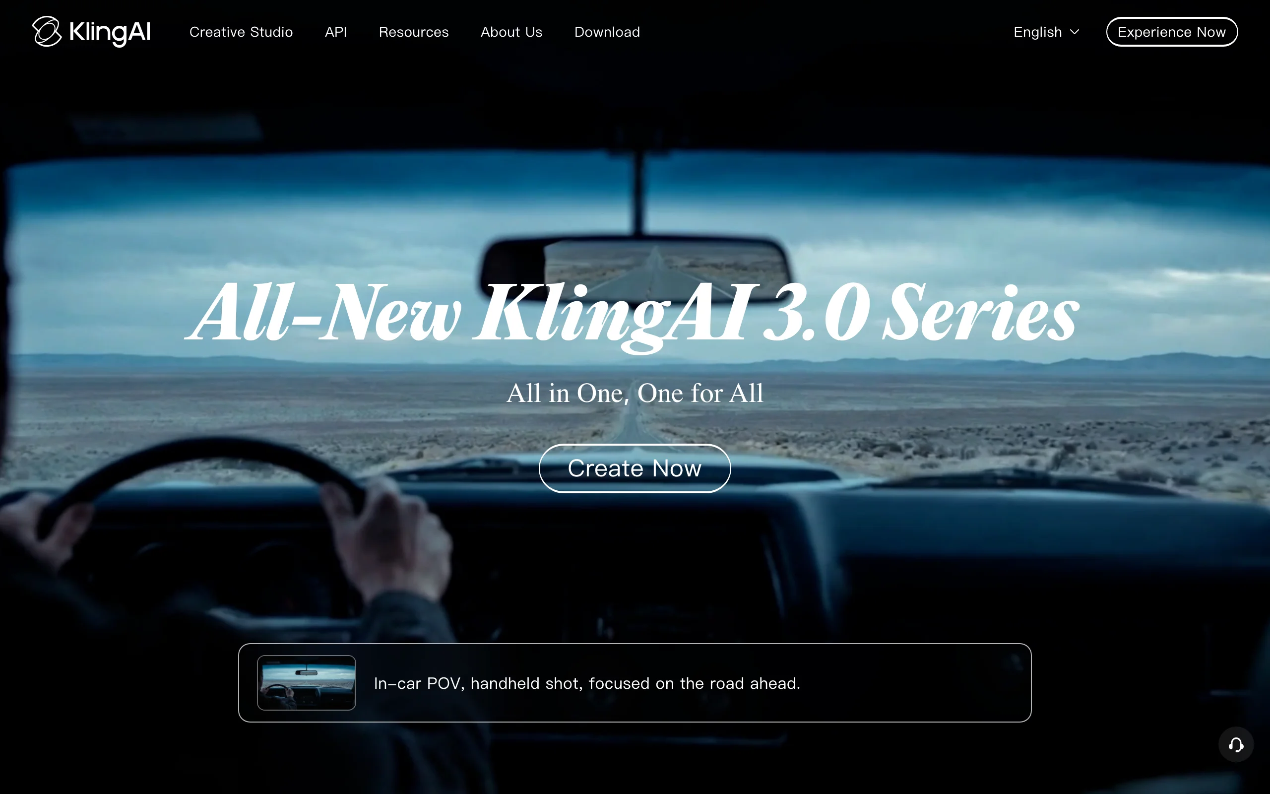 Kling AI homepage announcing the Kling 3.0 series with an in-car POV video sample