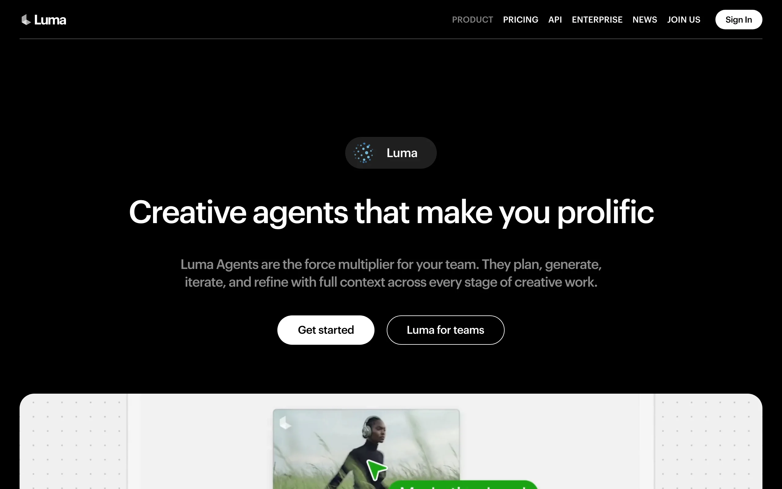Luma homepage presenting Luma Agents for generating and refining creative video work