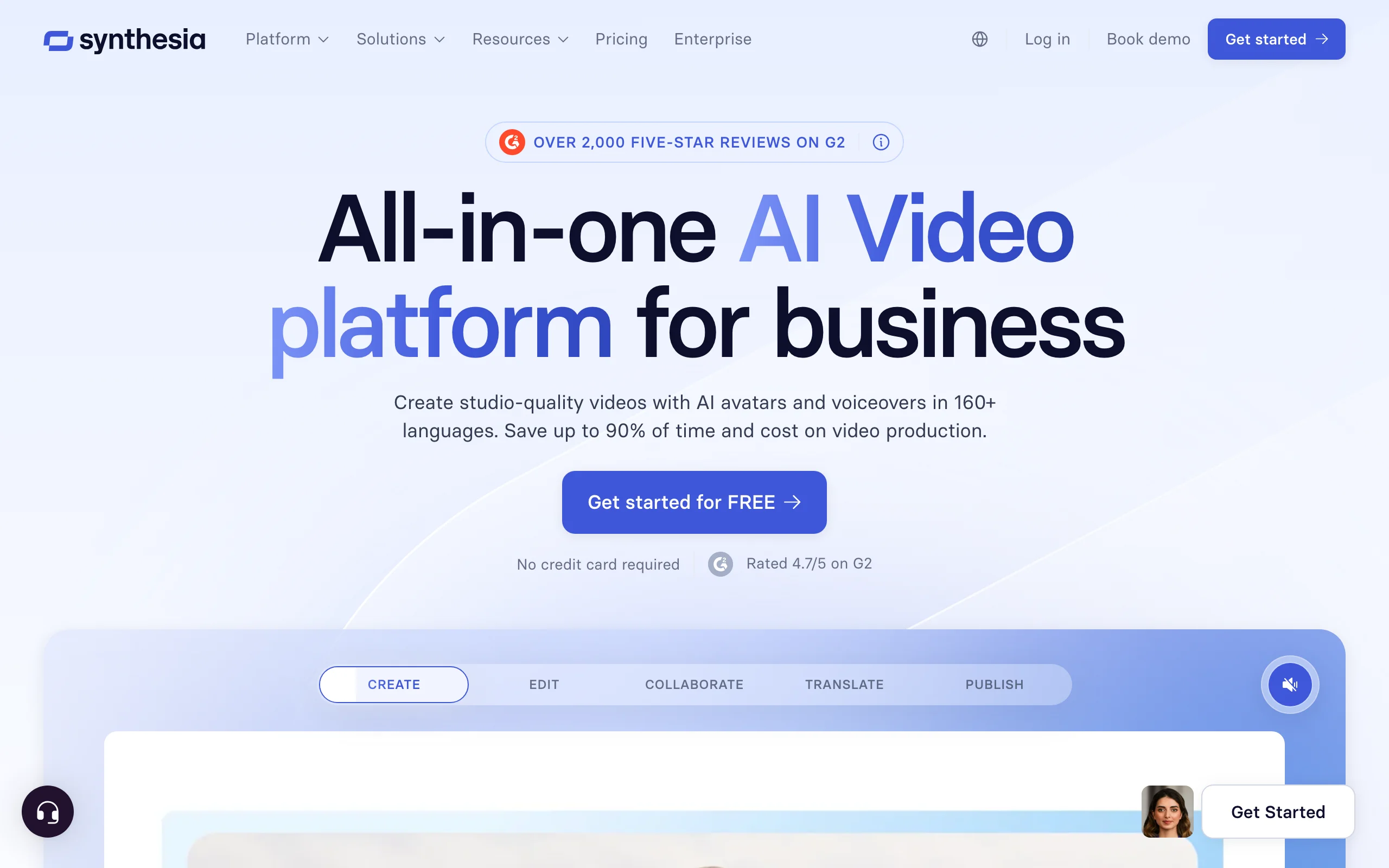 Synthesia homepage, an AI avatar video platform for business and training