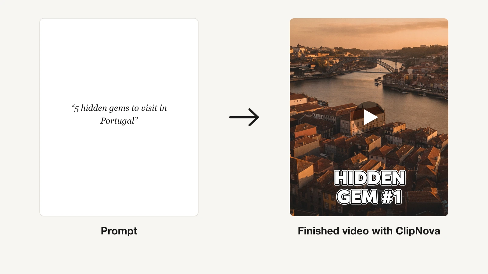 Best AI video generators: a Portugal travel prompt turned into a captioned vertical video in ClipNova