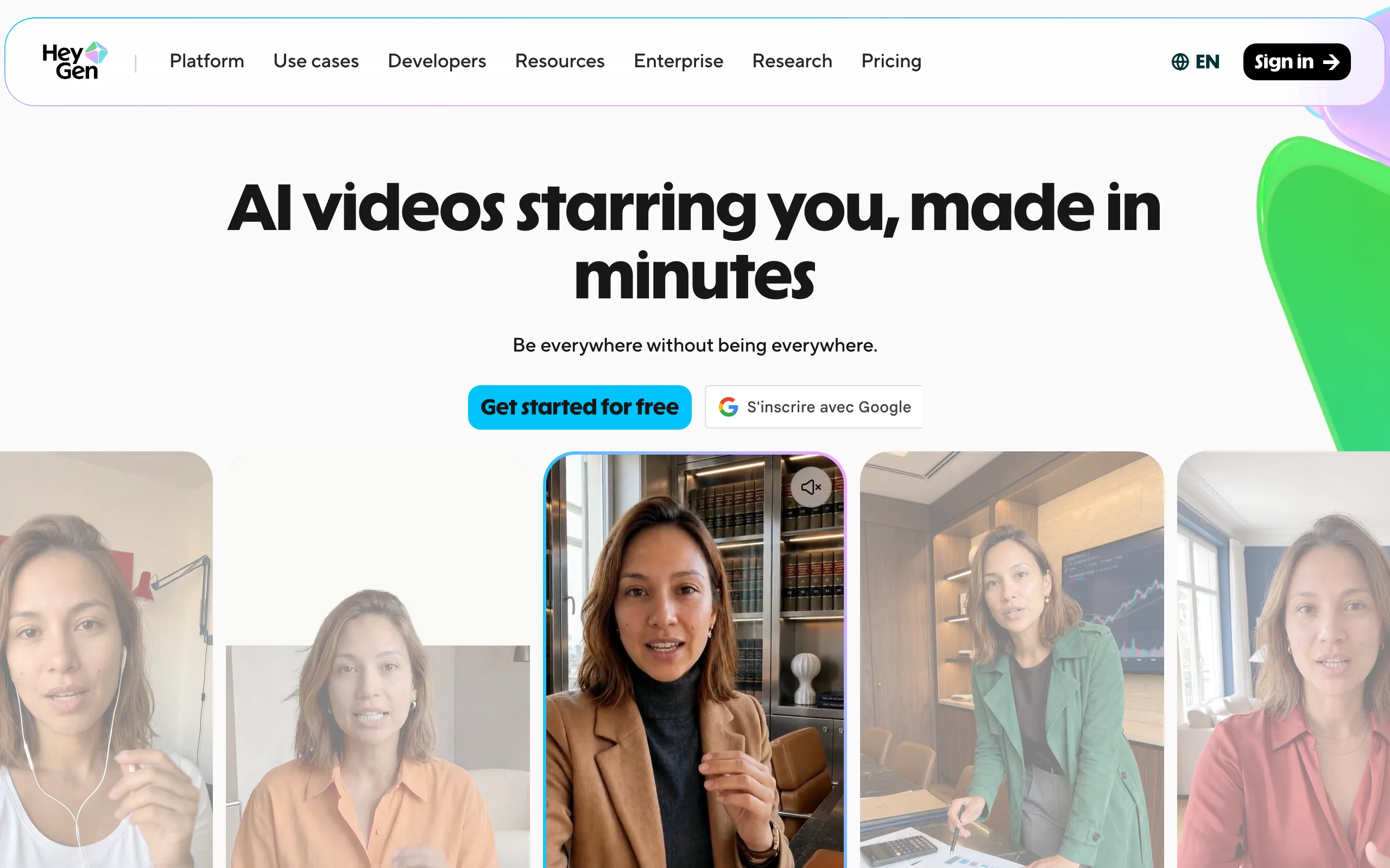HeyGen homepage with AI avatar presenters as a faceless content alternative
