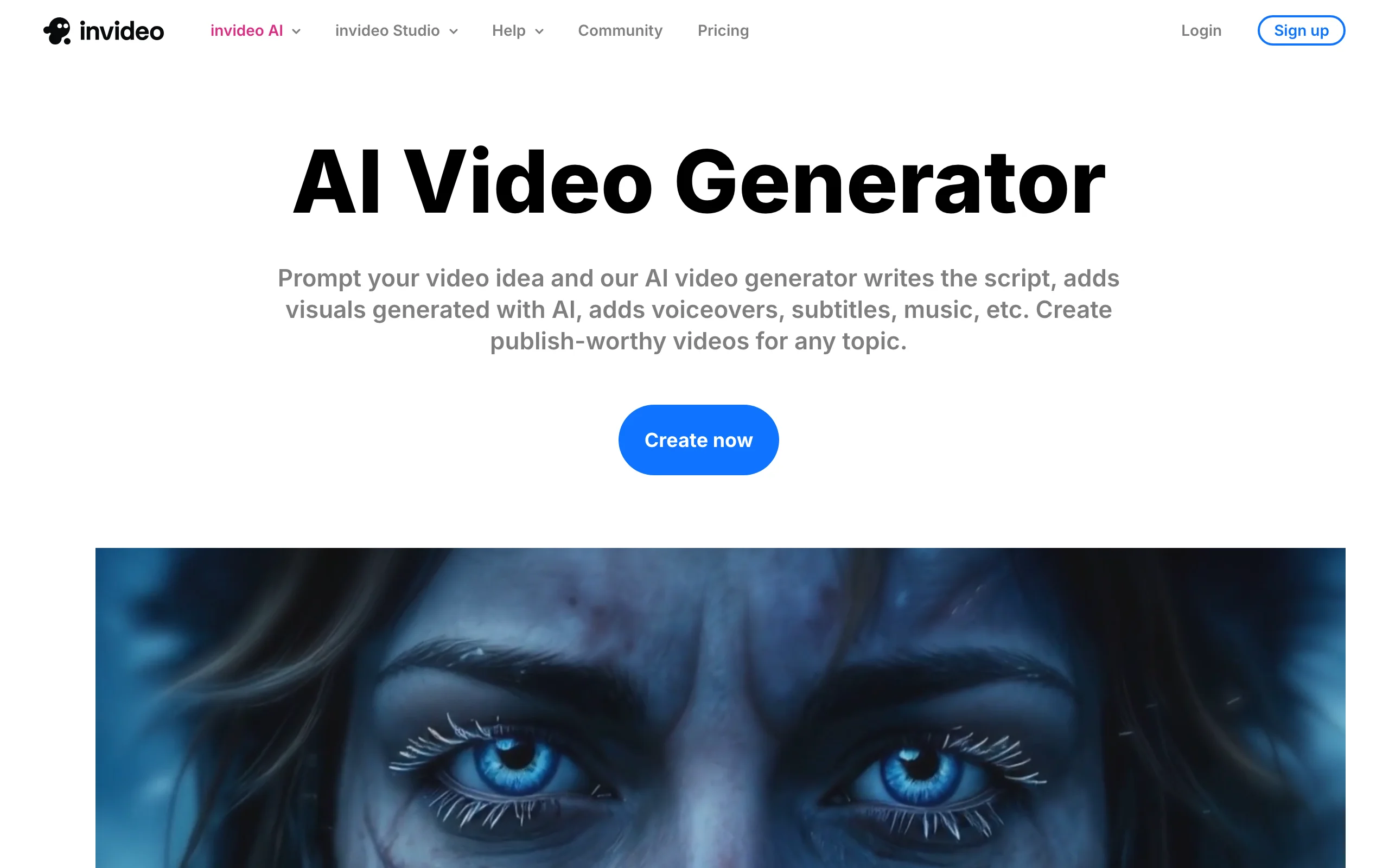 InVideo AI video generator page, a faceless video maker built on stock libraries