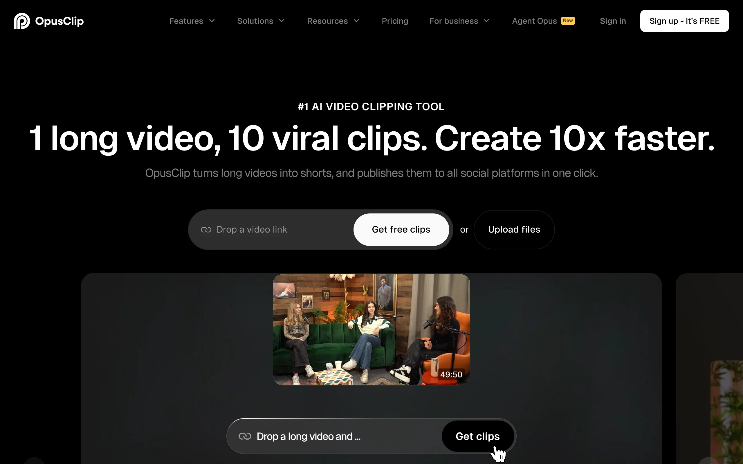 OpusClip homepage, an AI clipping tool that cuts long videos into faceless shorts