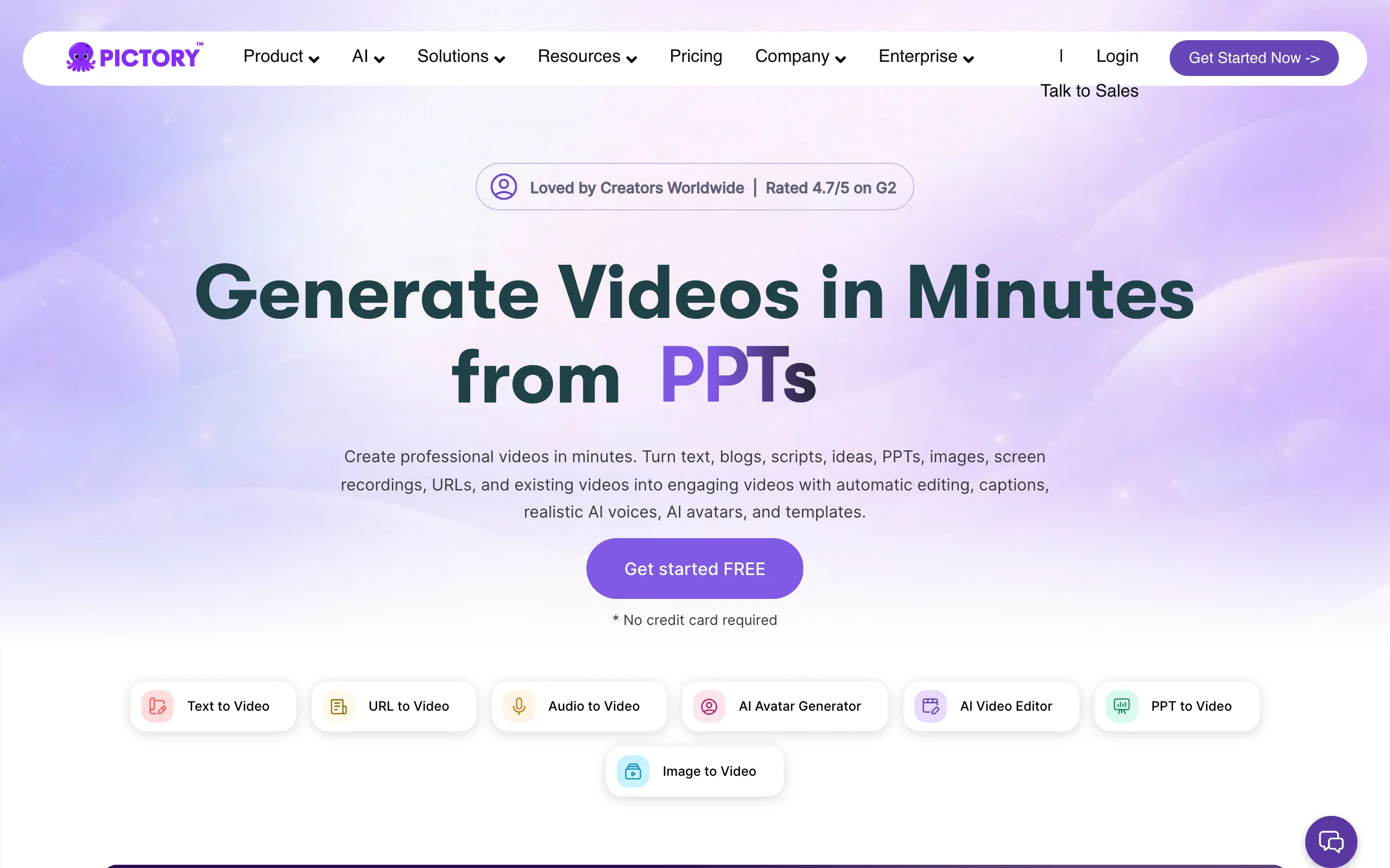 Pictory homepage for generating videos from text, PPTs and URLs