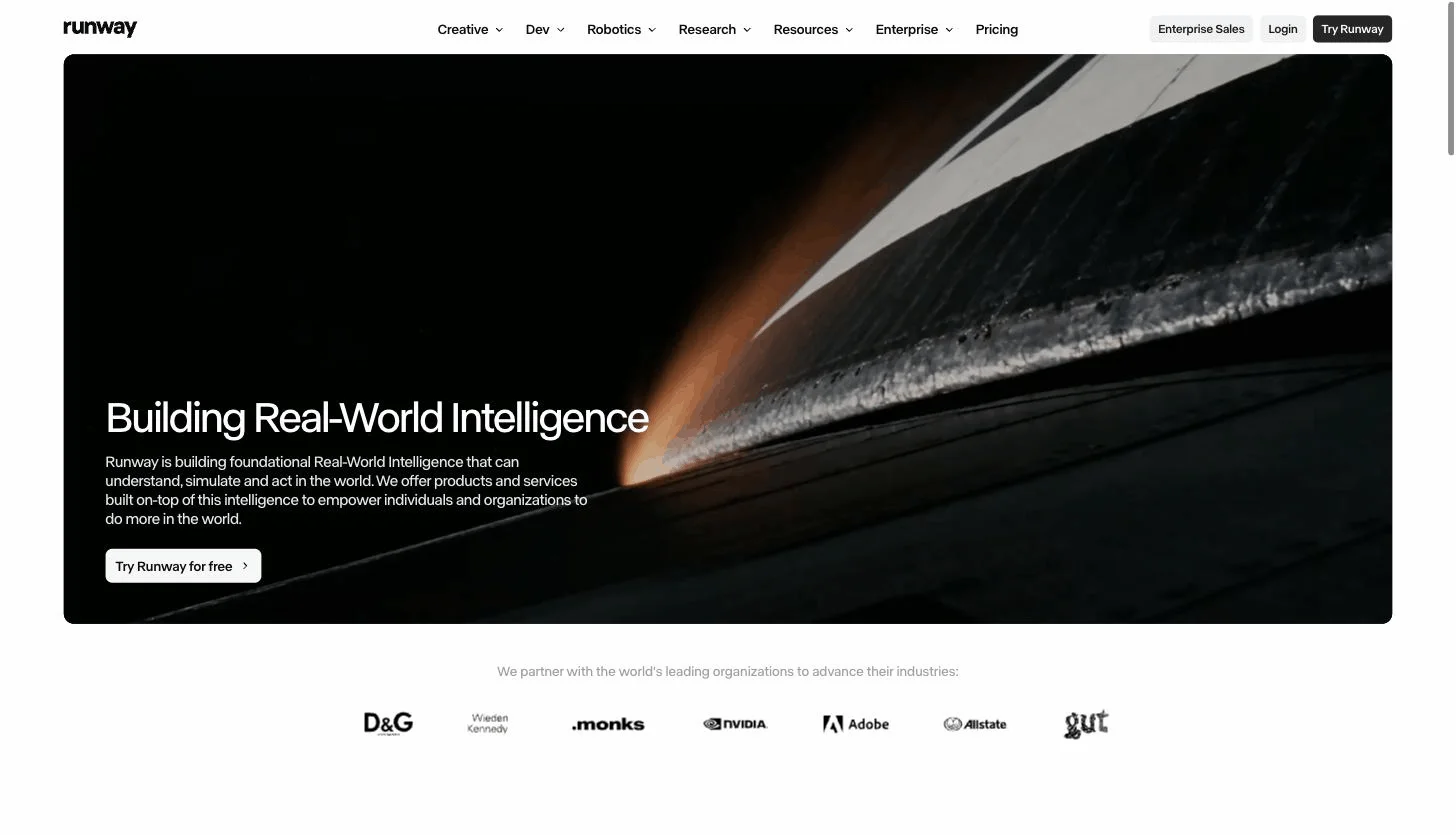 Runway homepage, a generative video model for cinematic AI B-roll