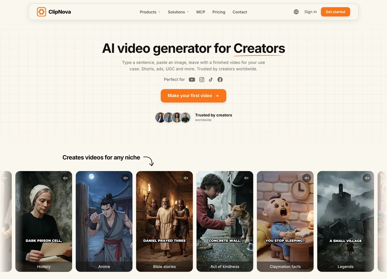 Faceless AI video generator: ClipNova homepage with the AI video generator and story video examples