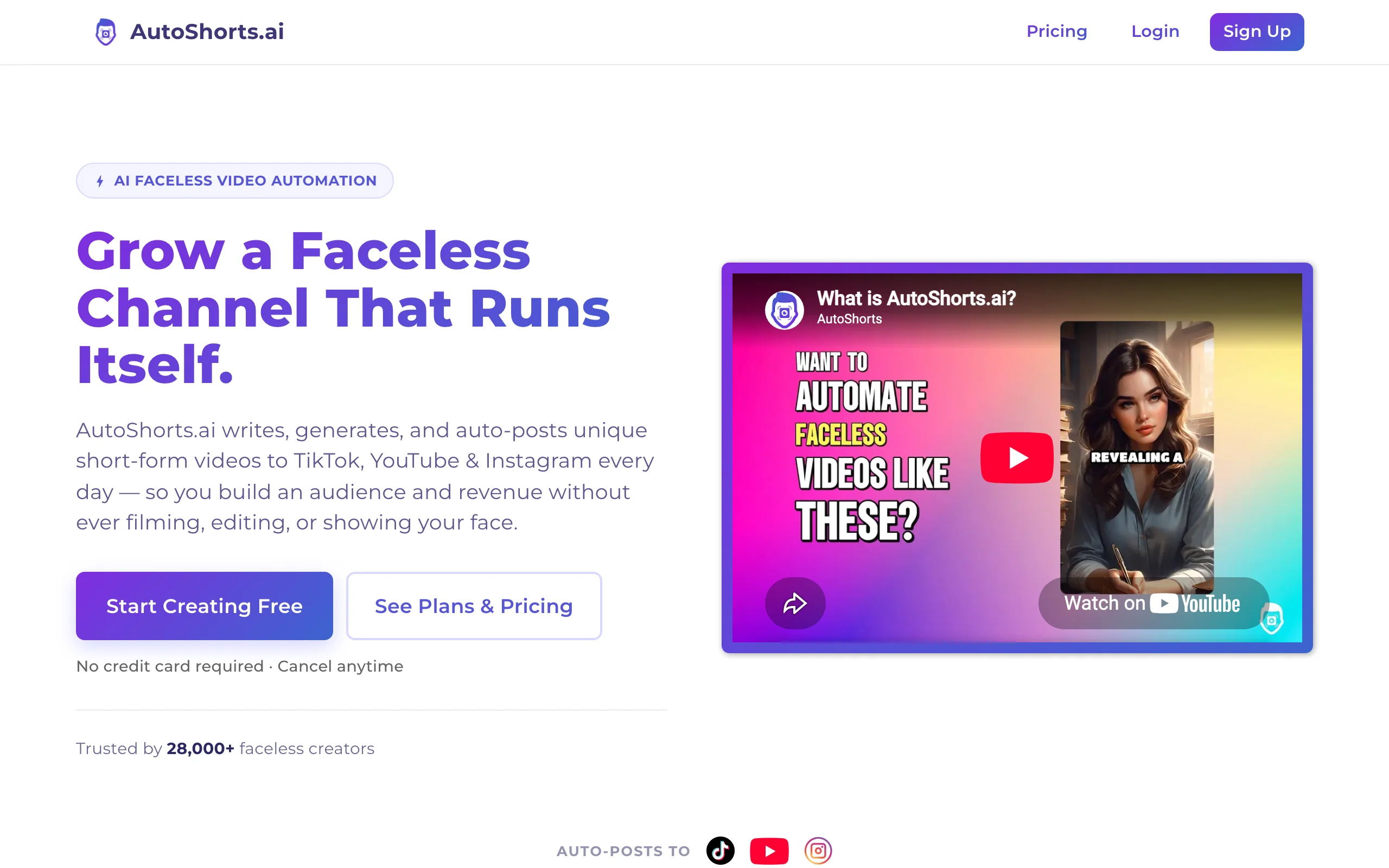 AutoShorts.ai homepage, a faceless video generator that auto-posts to TikTok, YouTube, and Instagram