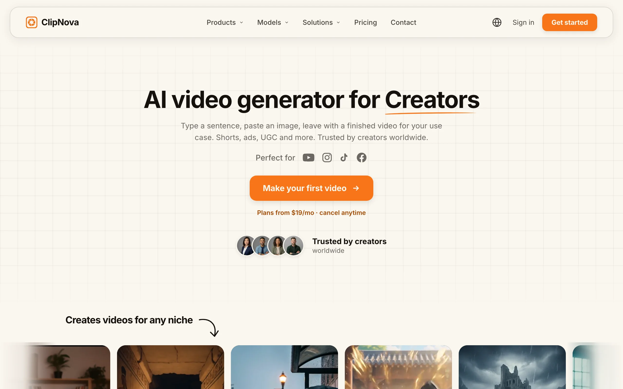 Faceless reels generator ClipNova, its AI video generator for creators page with vertical niche examples
