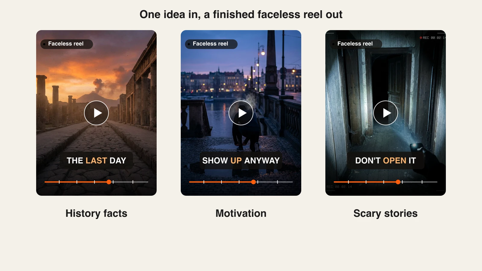 Faceless reels generator: three faceless reels made from one idea, a history fact, a motivation clip and a scary story