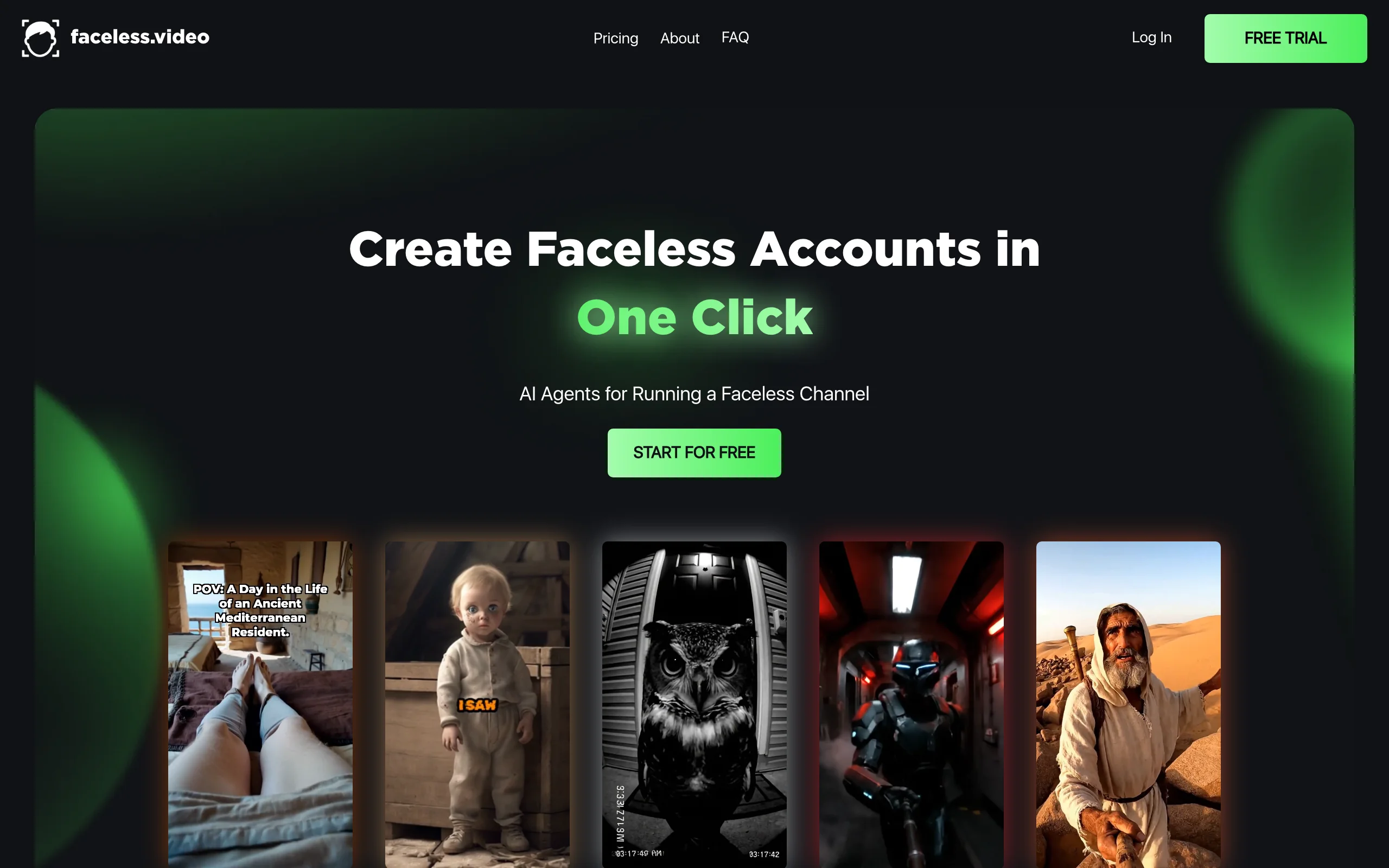 Faceless.video homepage with niche series examples like history and horror clips