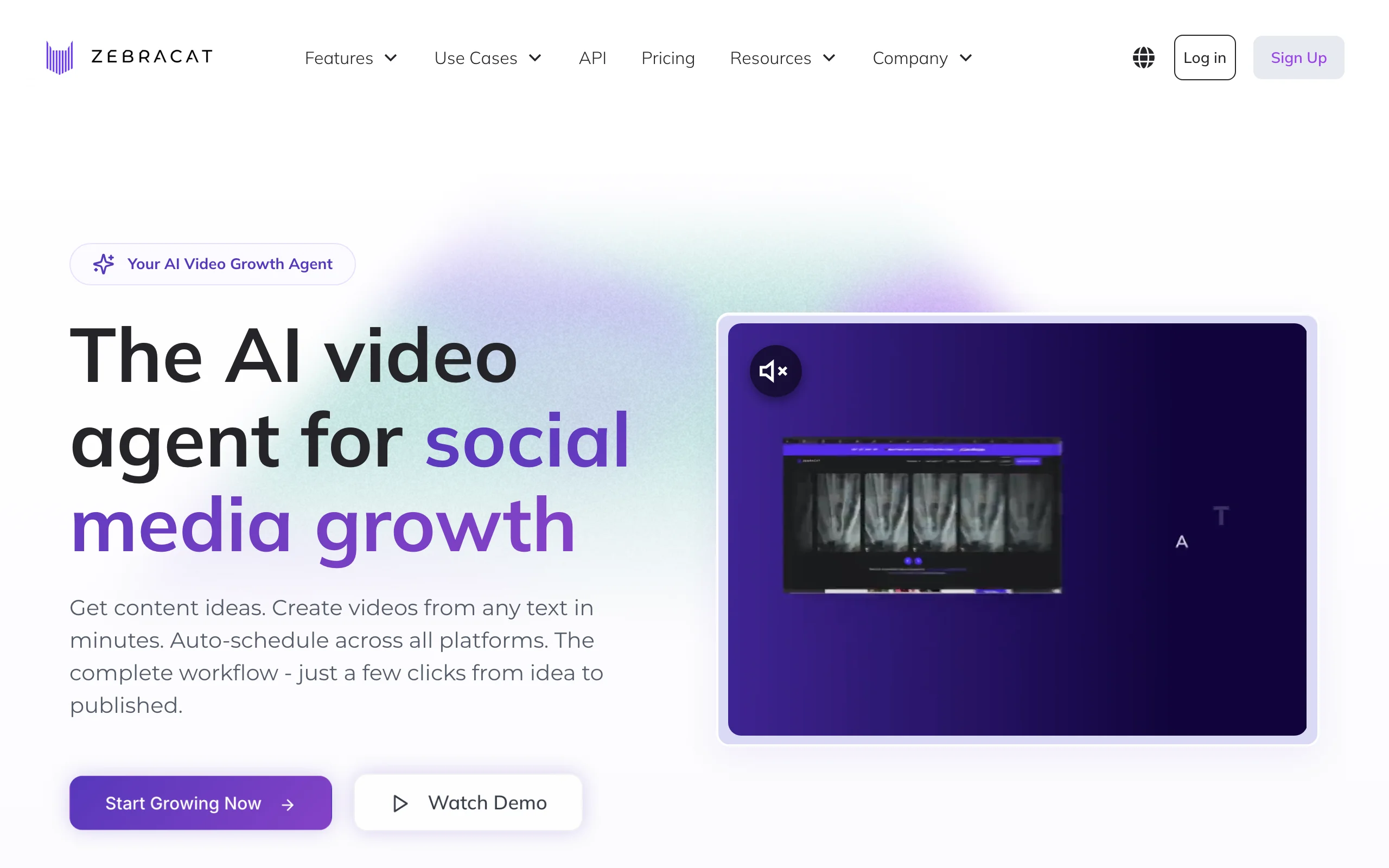 Zebracat homepage, an AI reels generator with auto-scheduling across platforms