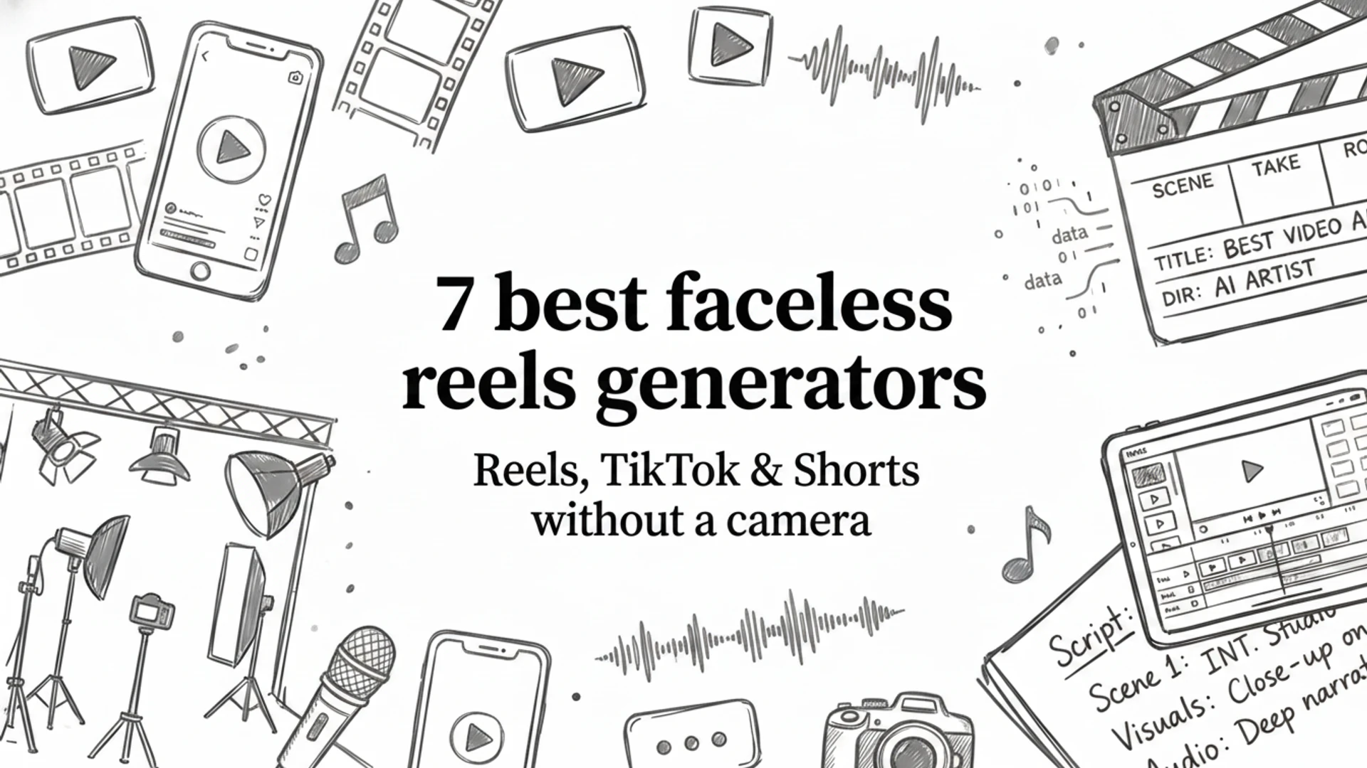 Faceless reels generator: hand-drawn phones, a clapperboard, studio lights, and a script for Reels made without a camera