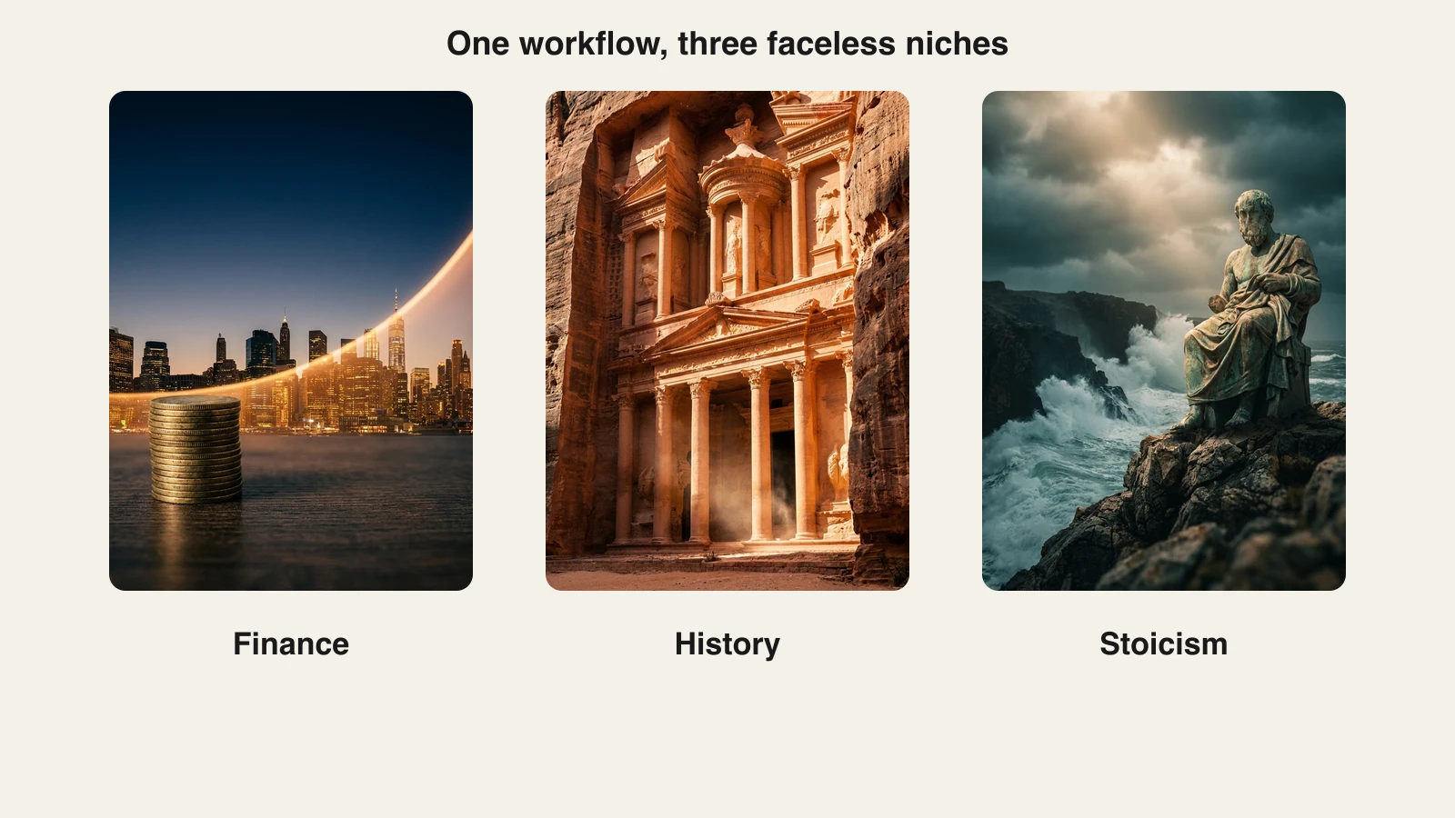 Three AI faceless Short frames for finance, history and Stoicism niches: coins, a carved stone temple and a statue