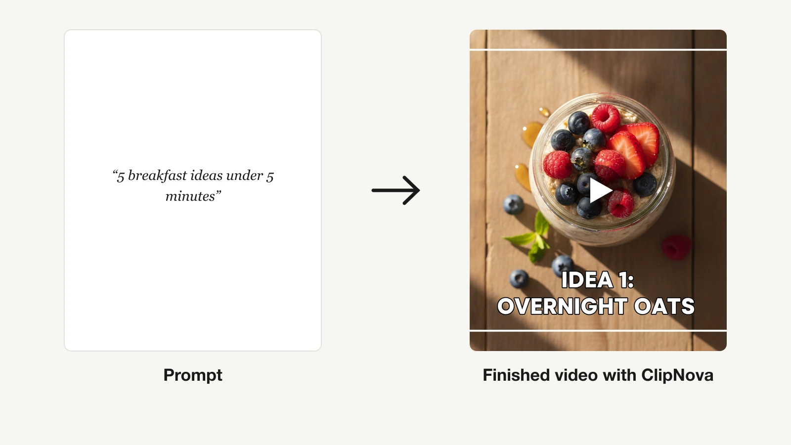Best free AI video generators: a breakfast ideas prompt turned into a captioned vertical video in ClipNova