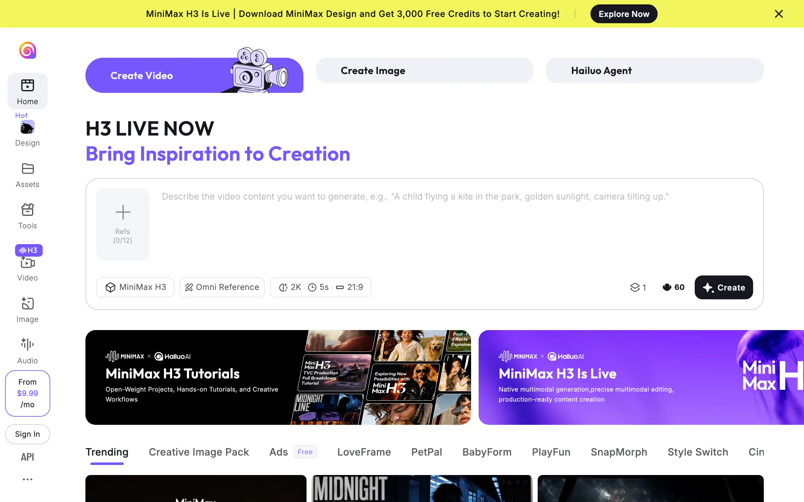 Hailuo AI by MiniMax video page with the H3 prompt box for expressive motion