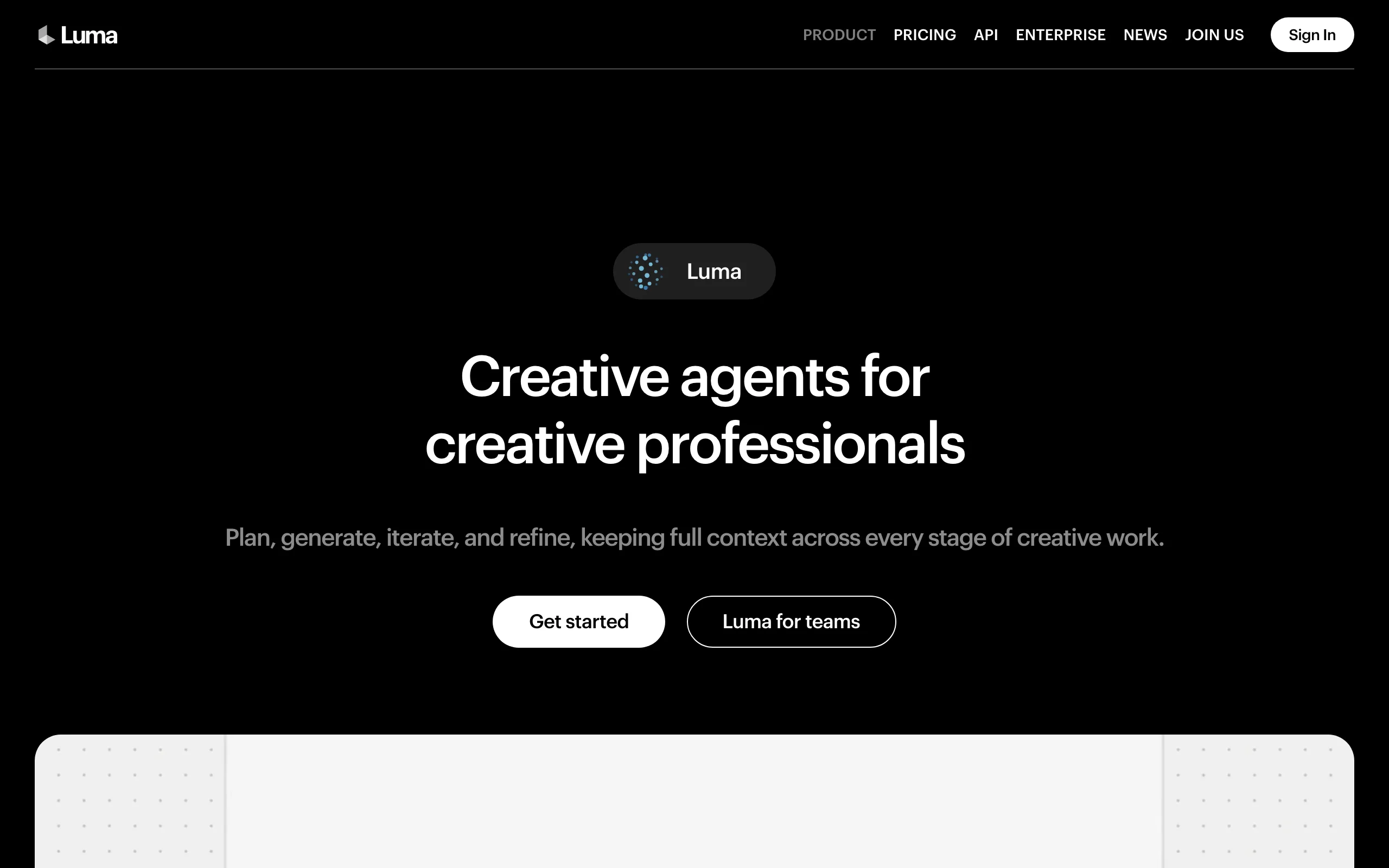 Luma homepage presenting creative agents for professionals, an image-to-video option