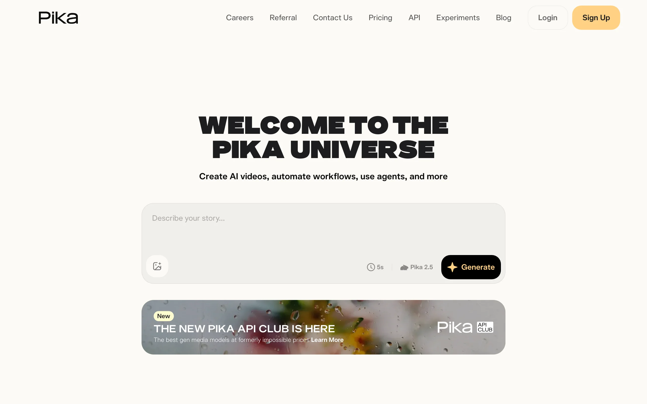 Pika homepage with its story prompt box, a budget video tool for effects