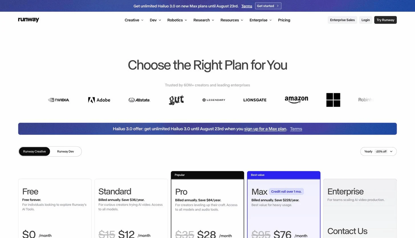 Runway pricing page with Standard, Pro, and Max plans, the credit costs that push creators to a Runway alternative