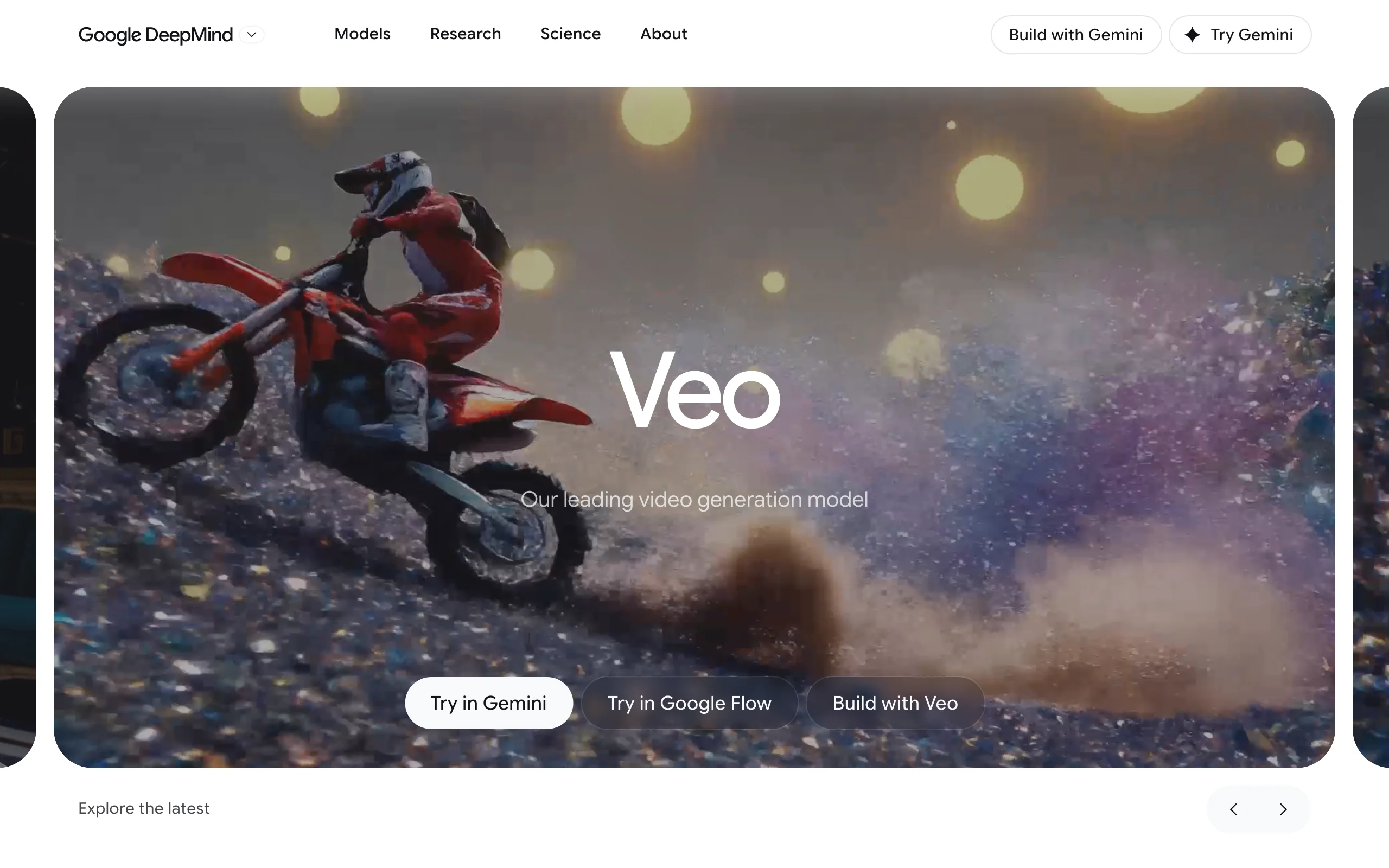 Google DeepMind Veo page with a dirt bike clip, a Runway ML alternative with native audio