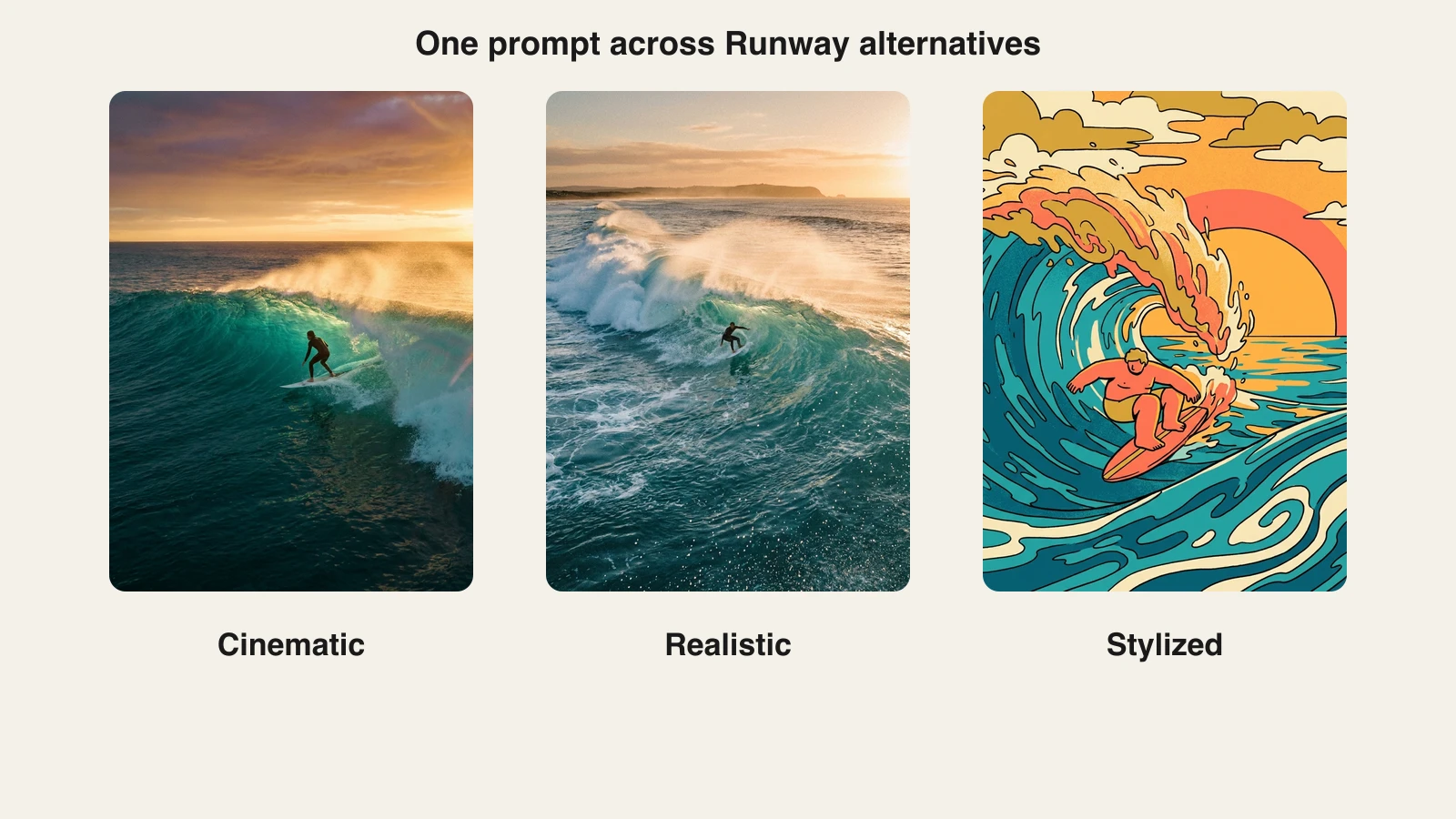 Runway alternatives: one surfer prompt rendered in cinematic, realistic, and stylized looks