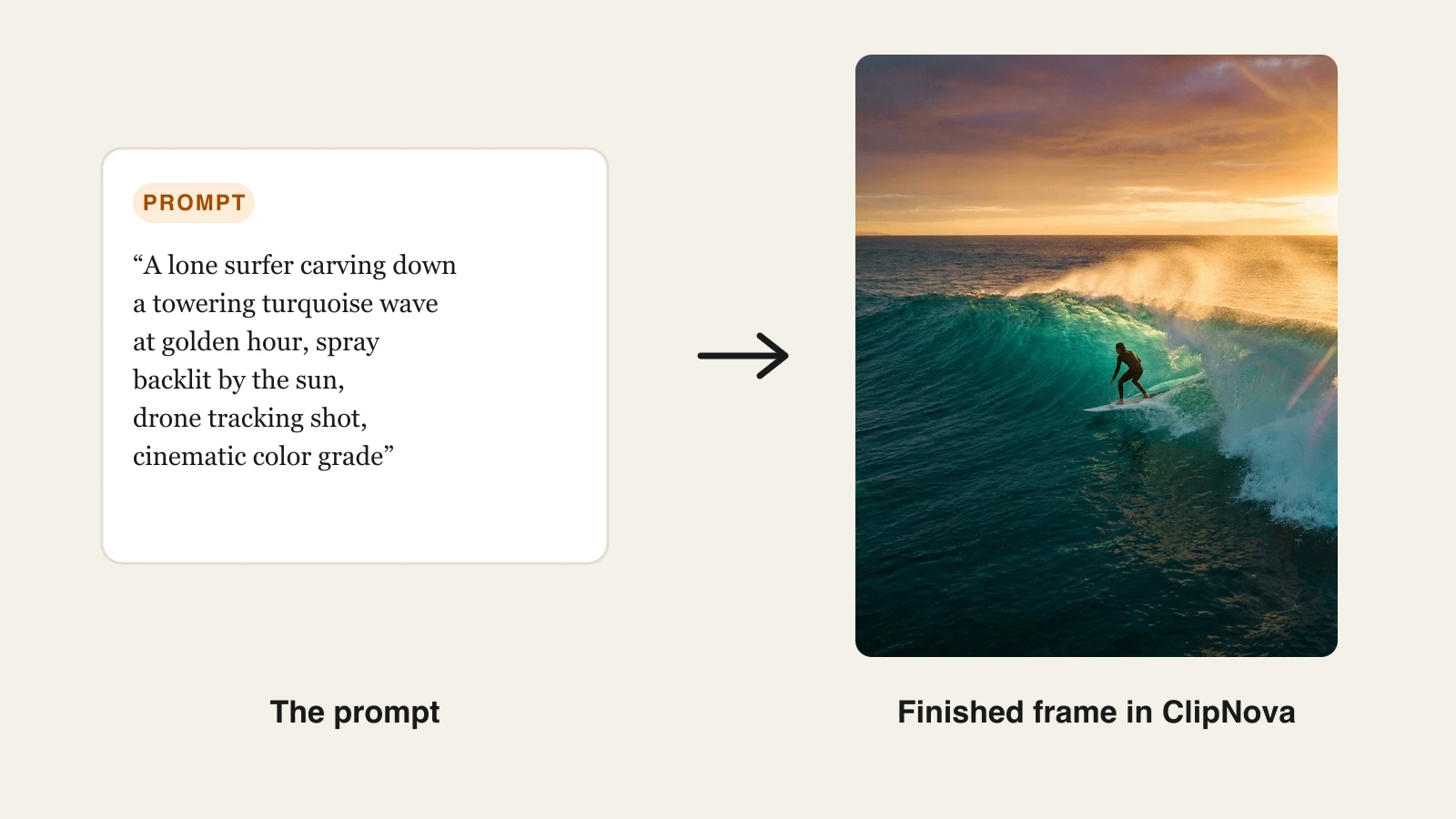 Surfer at golden hour prompt next to the cinematic frame ClipNova generated, an app like Runway