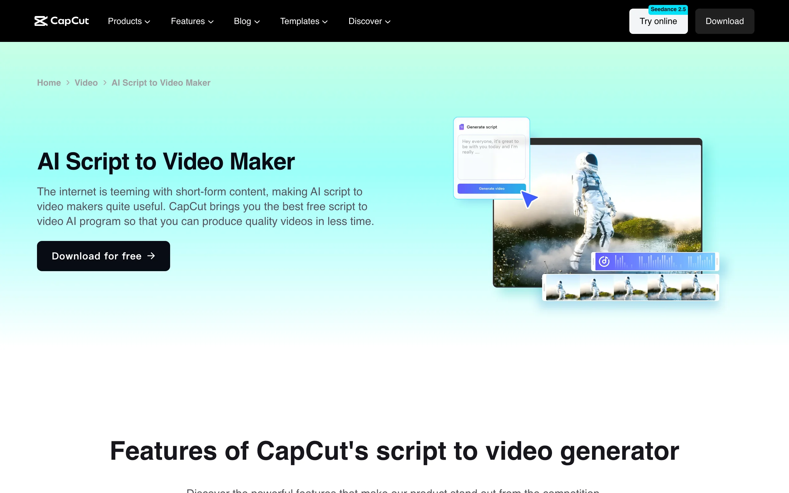 CapCut AI Script to Video Maker page with a script panel and video timeline