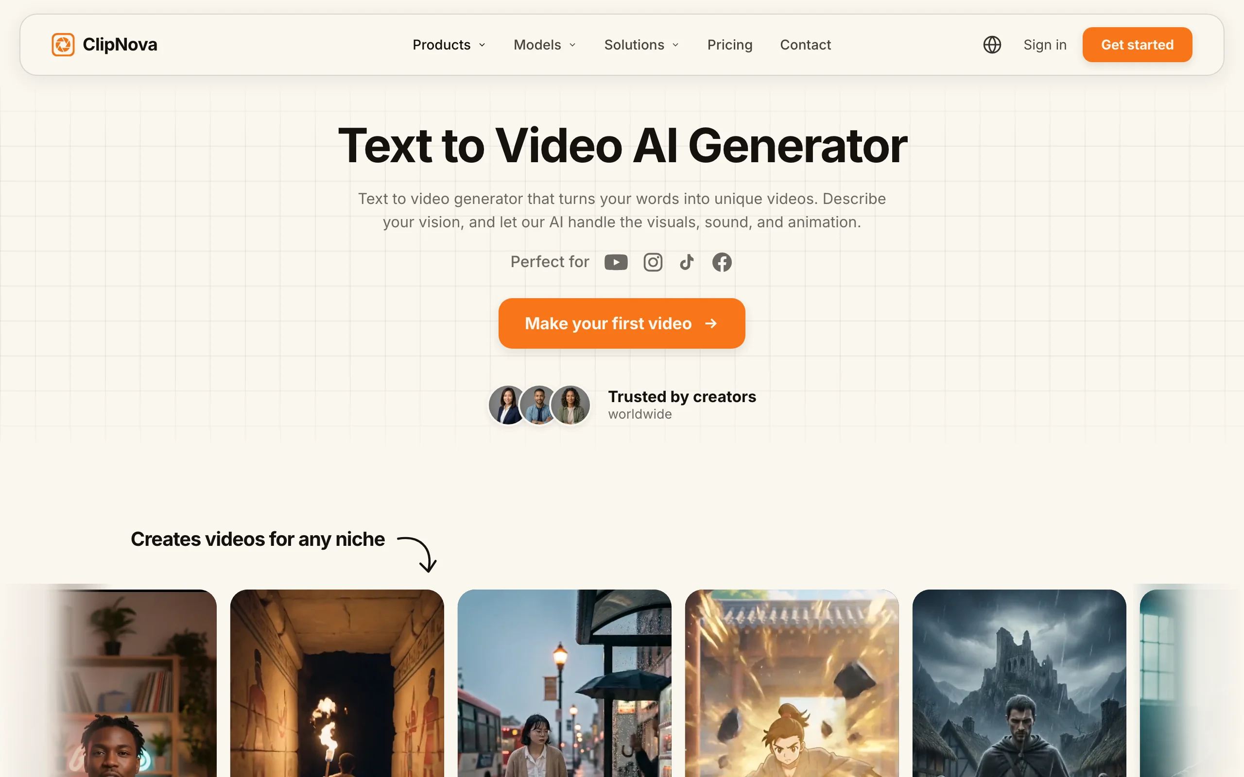 Best script to video AI tool ClipNova, its Text to Video AI Generator page with niche video examples