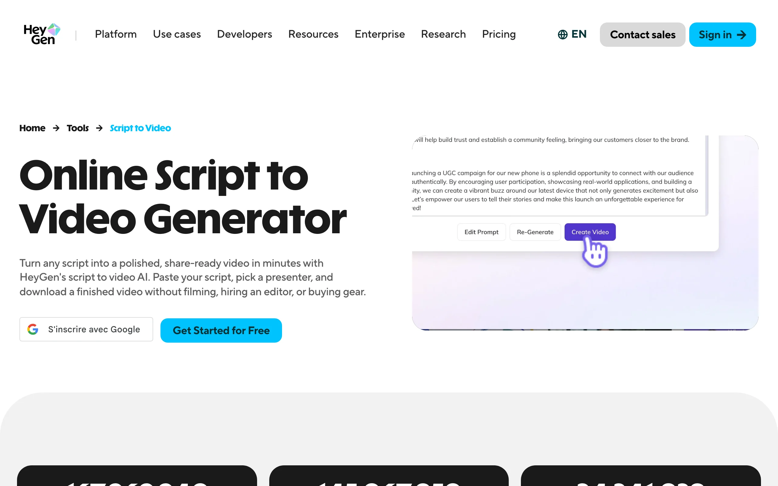 HeyGen Online Script to Video Generator page with a script editor and Create Video button