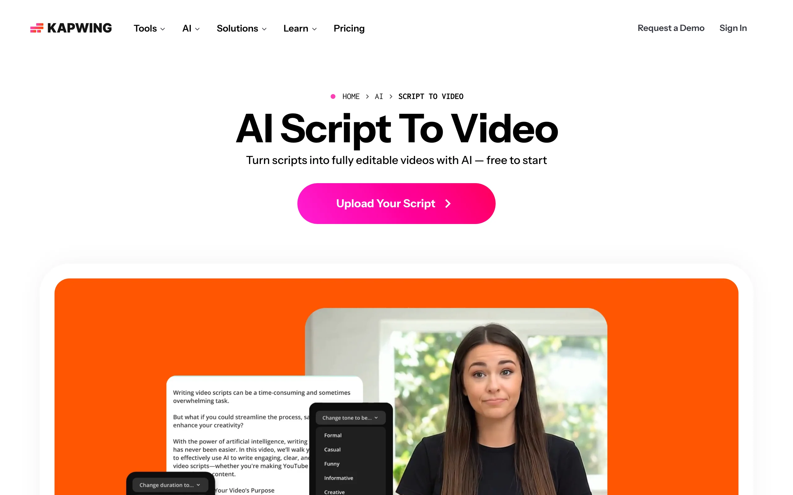Kapwing AI Script To Video page with an Upload Your Script button and a presenter preview
