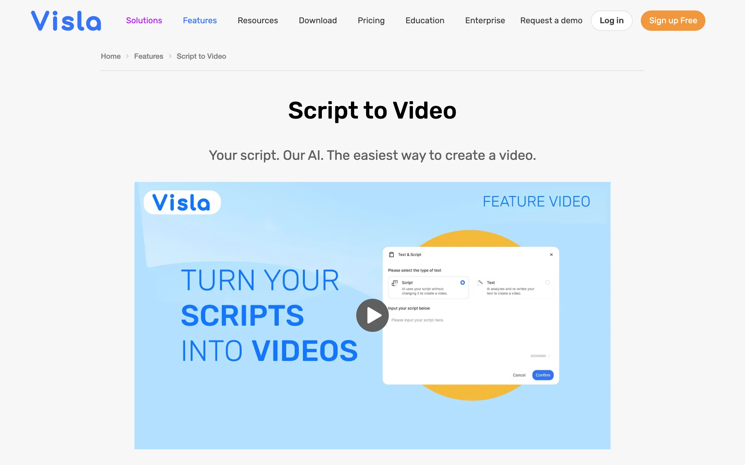 Visla Script to Video page showing the paste-your-script dialog