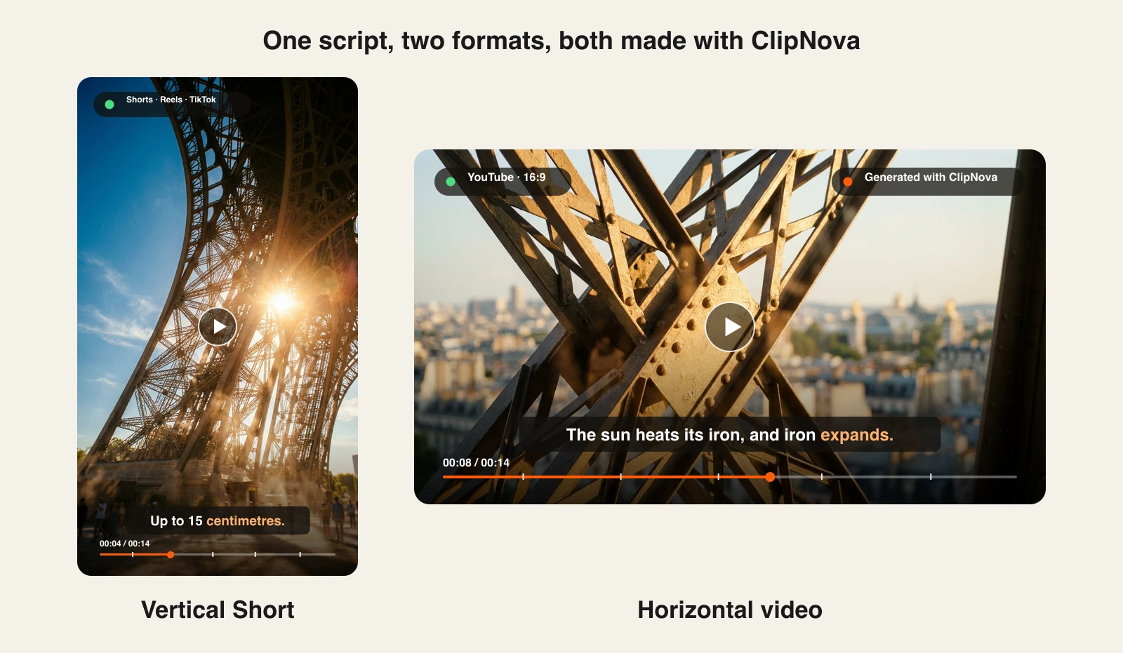ClipNova script to video generator output: one Eiffel Tower script as a vertical Short and a 16:9 YouTube video