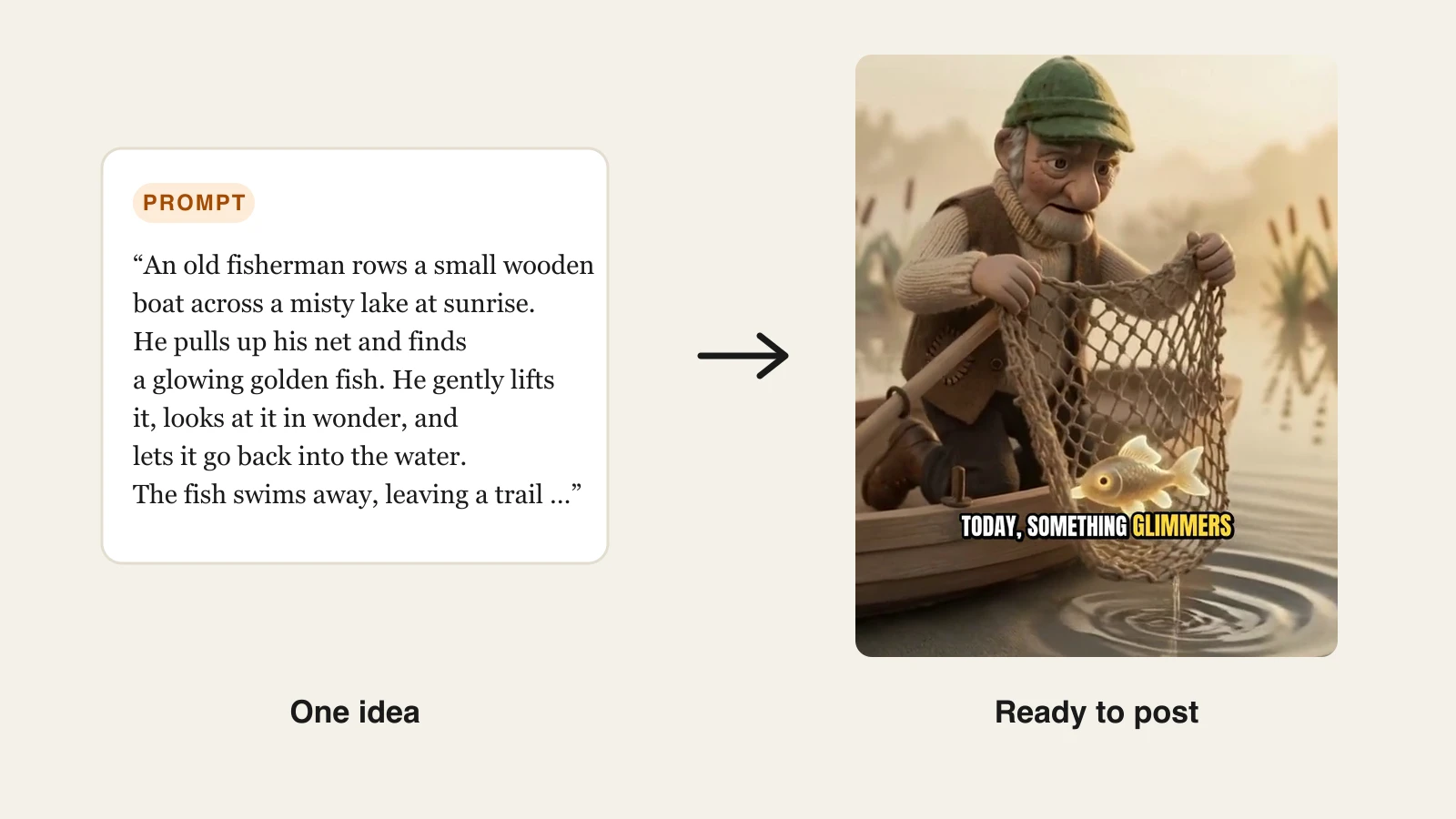 Social media video maker: a real prompt about an old fisherman next to the captioned video ClipNova made from it