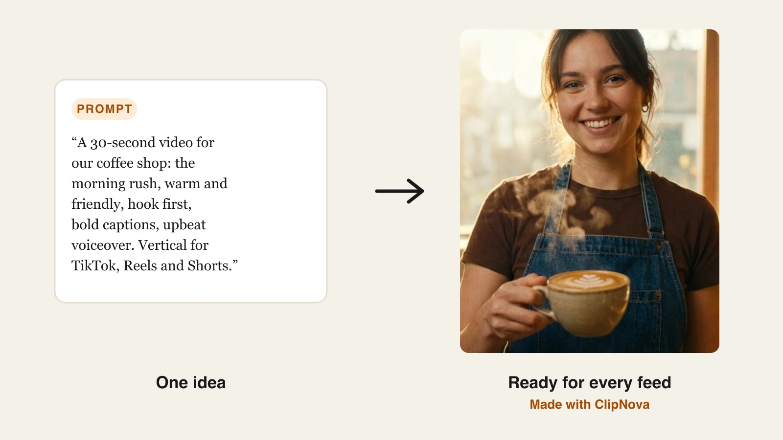 Best social media video maker: a coffee shop prompt turned into a vertical video of a barista with a latte in ClipNova