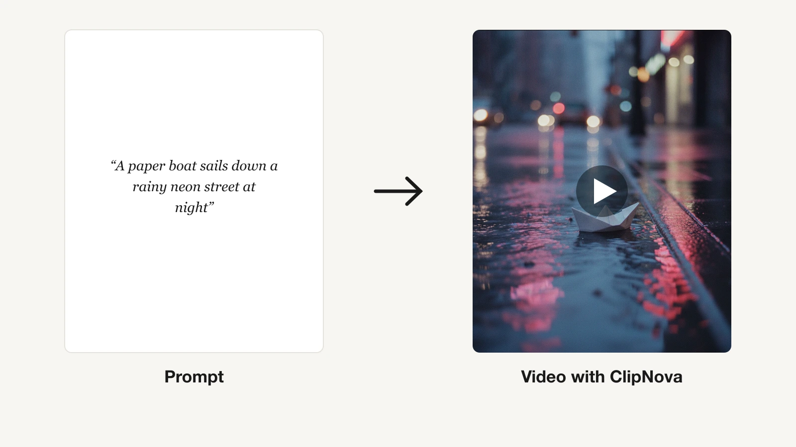 Best text to video AI tools: a paper boat on a rainy neon street, generated in ClipNova from a one-line prompt