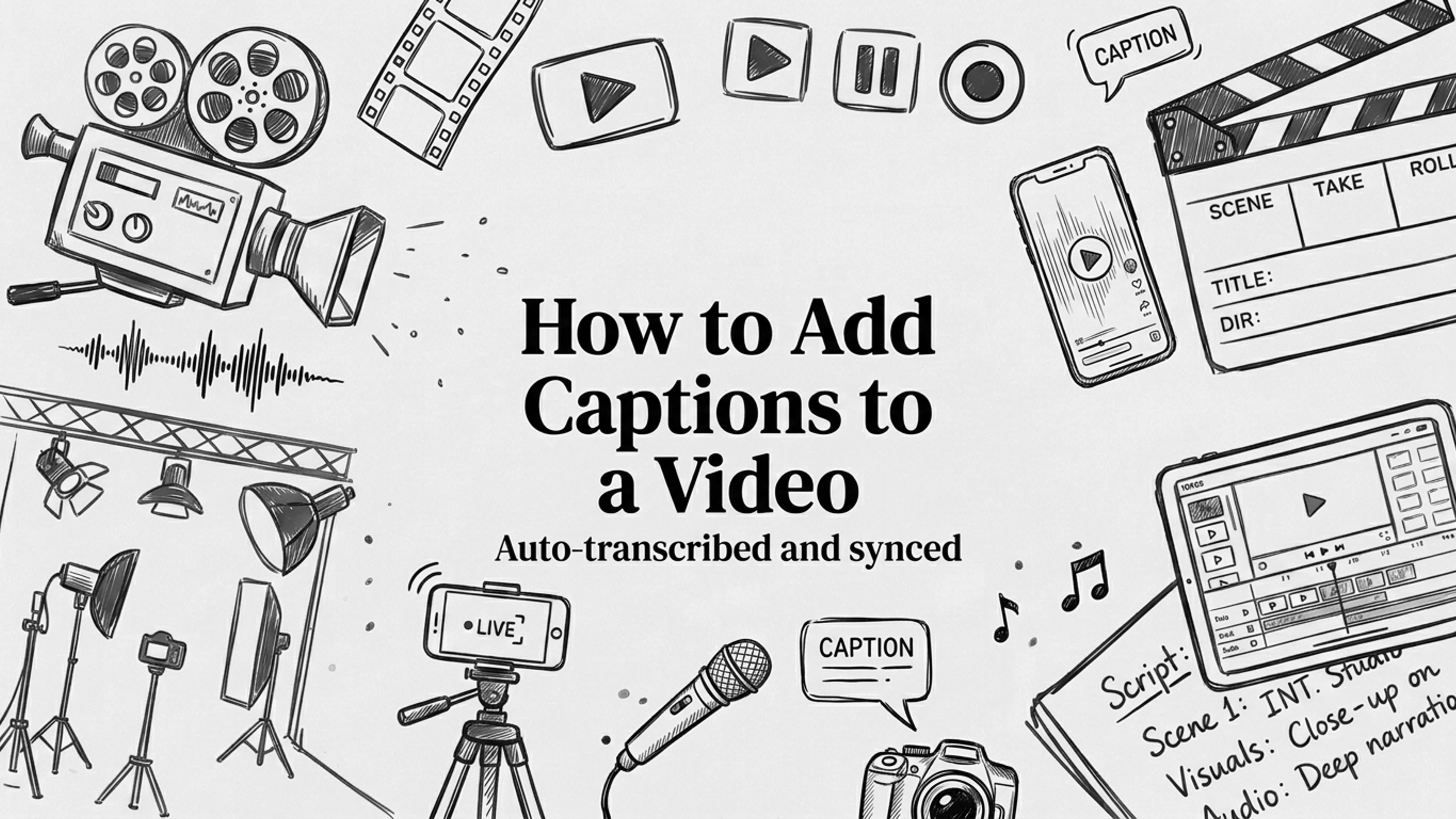 How to add captions to a video: a black and white sketch of a camera, phone on a tripod, and caption bubbles