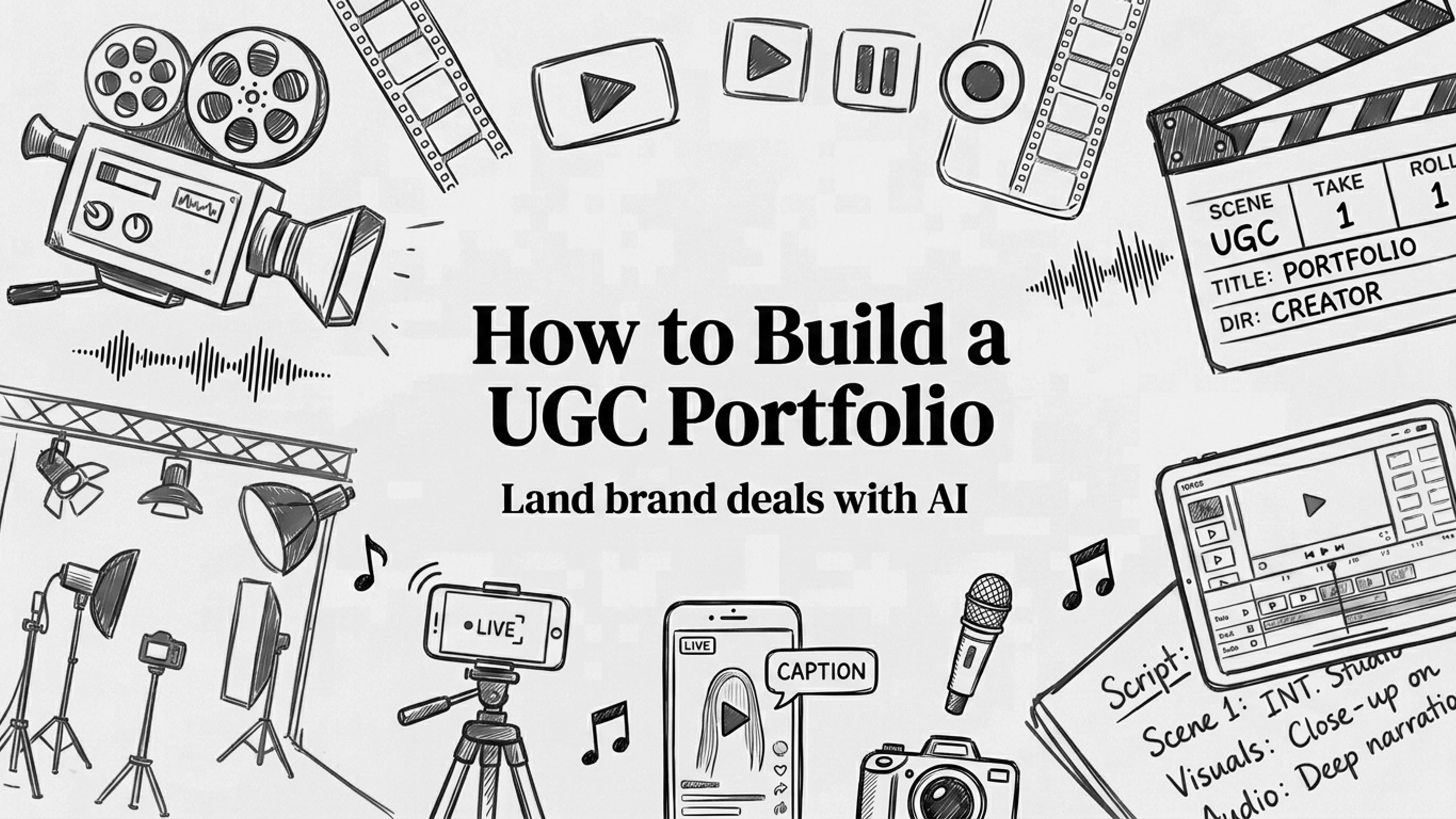 UGC portfolio: a black and white sketch of cameras, a phone on a tripod and a script for a guide on landing brand deals