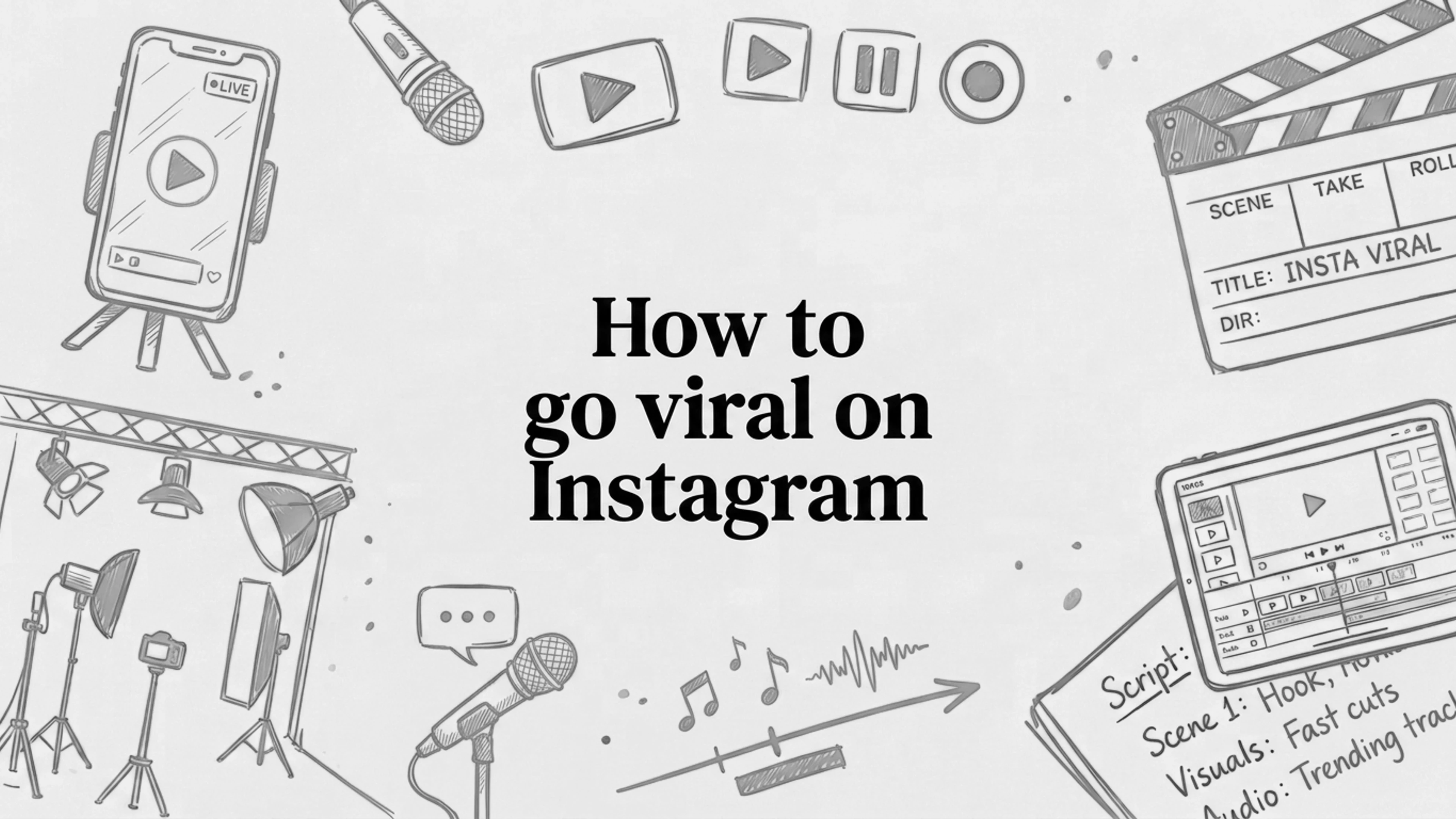 How to go viral on Instagram: a black and white sketch of a phone on a tripod, studio lights, a mic, and a Reels script