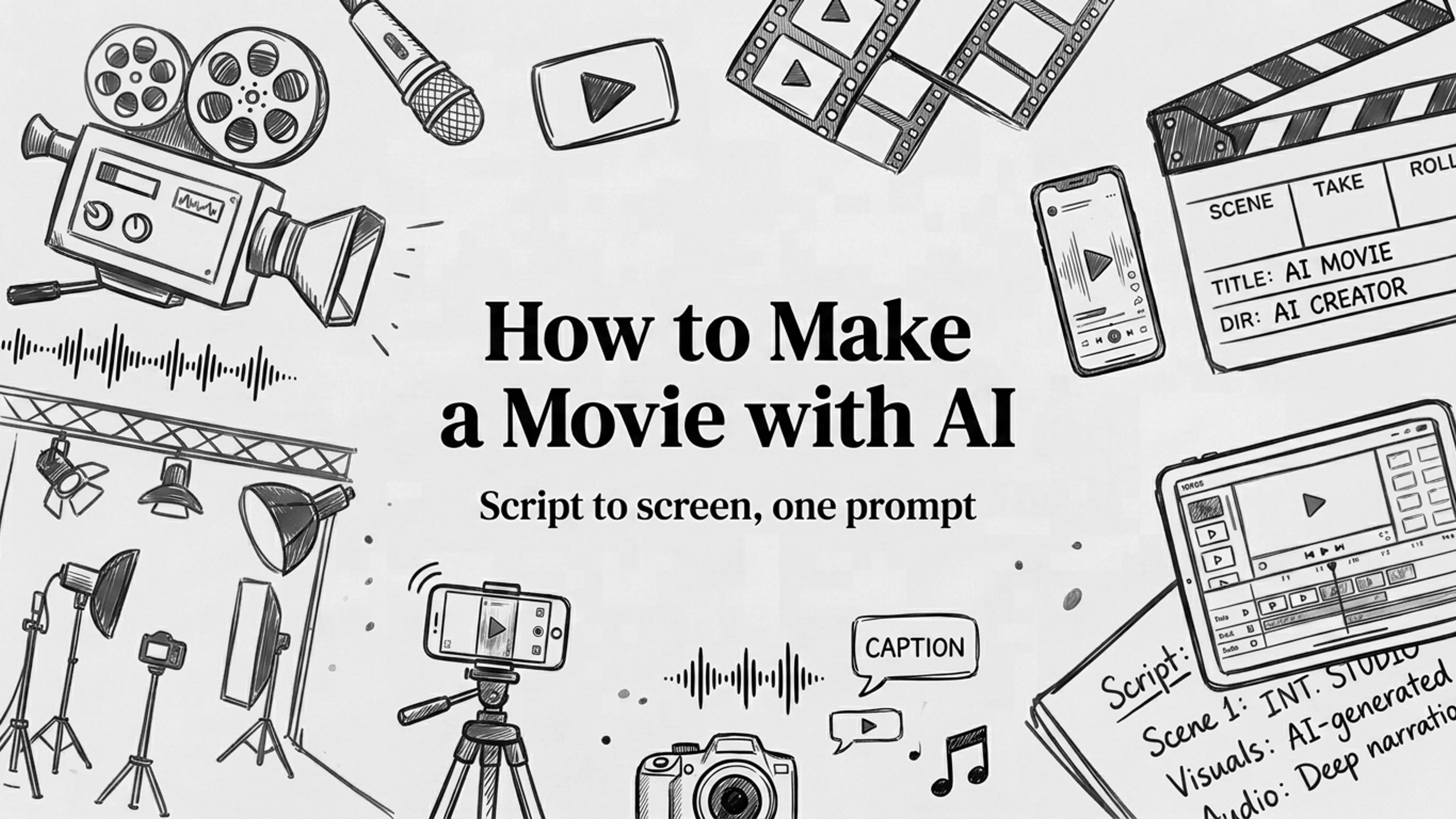 How to make a movie with AI: a pencil sketch of a film camera, clapperboard, lights and a script around the title