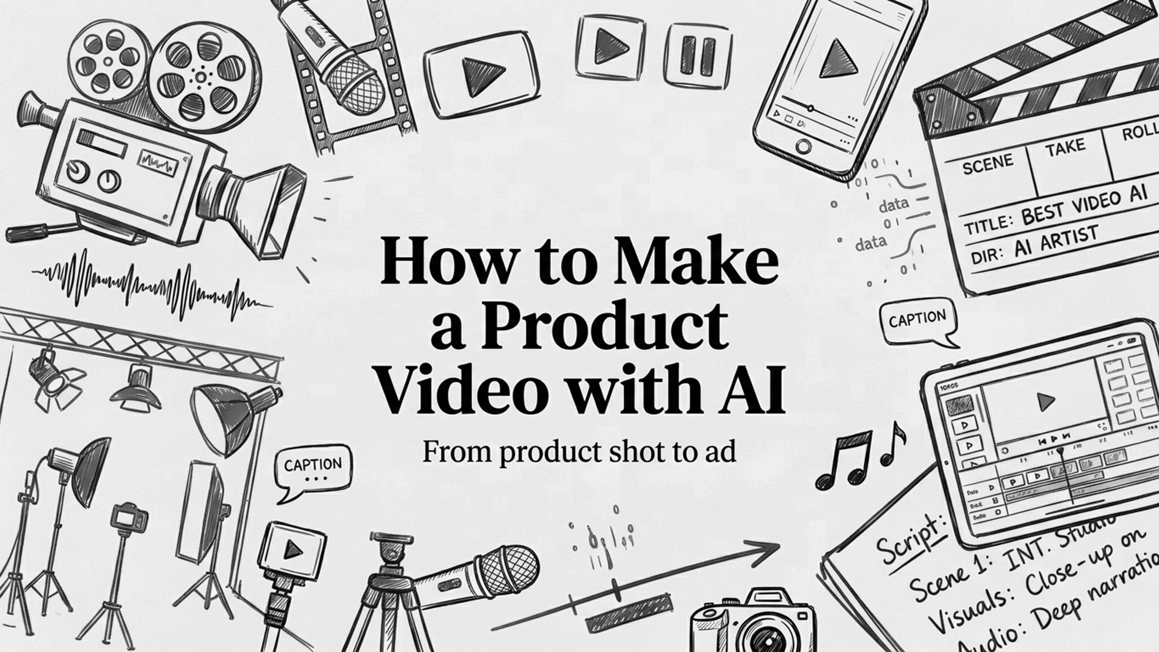 AI product video: a black and white sketch of a film camera, clapperboard, caption bubbles and a video editor on a tablet