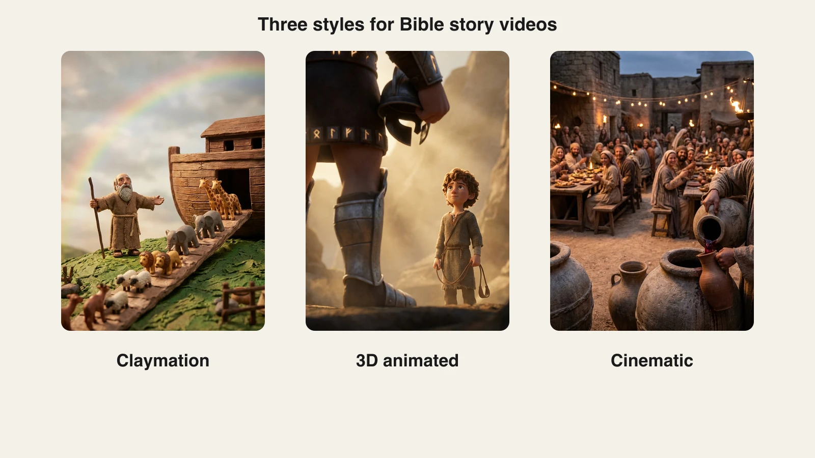 AI Bible story videos in three ClipNova styles: claymation Noah's ark, 3D young David facing Goliath, cinematic Cana feast