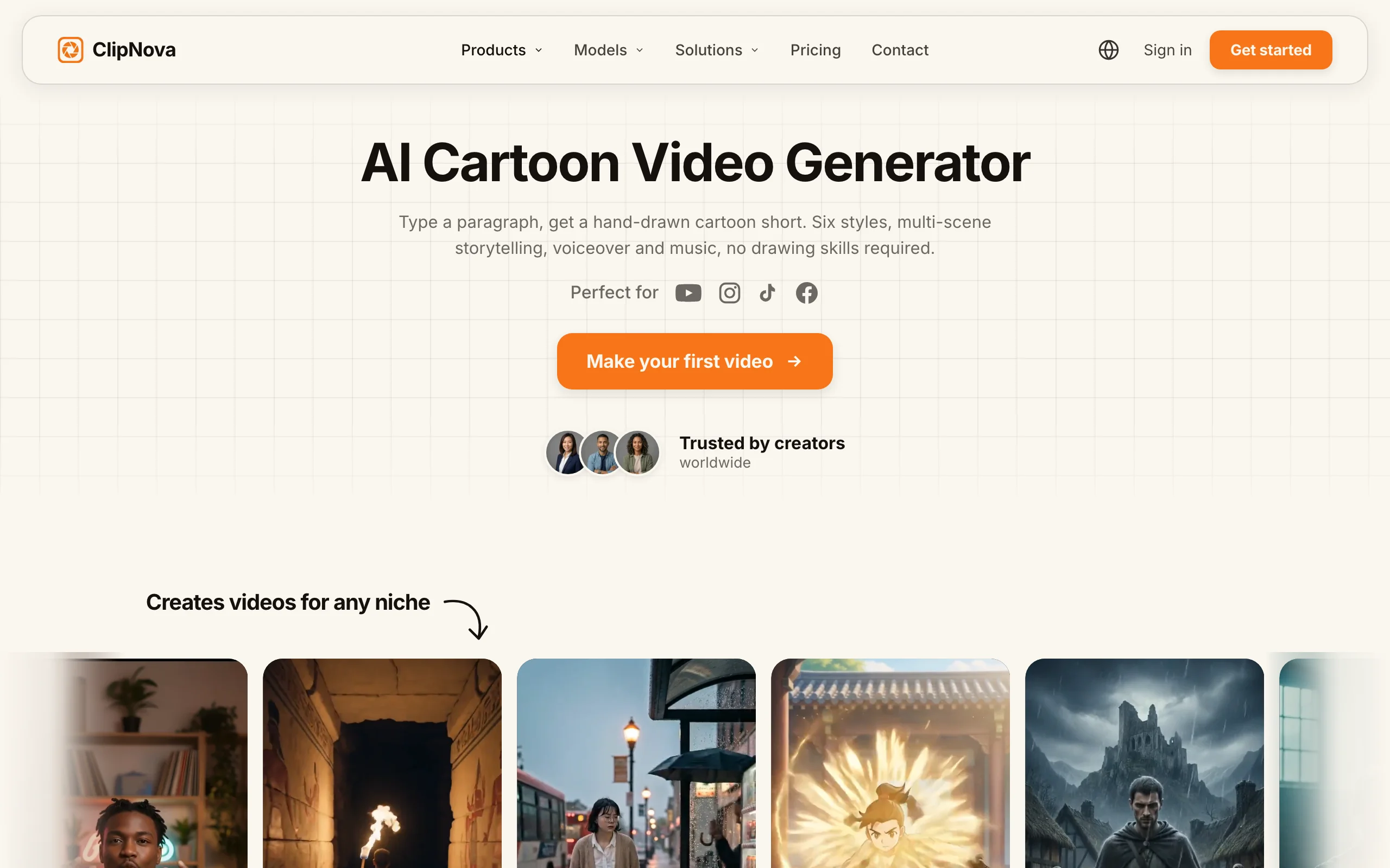 Animated Bible stories maker ClipNova, its AI Cartoon Video Generator page with niche video examples