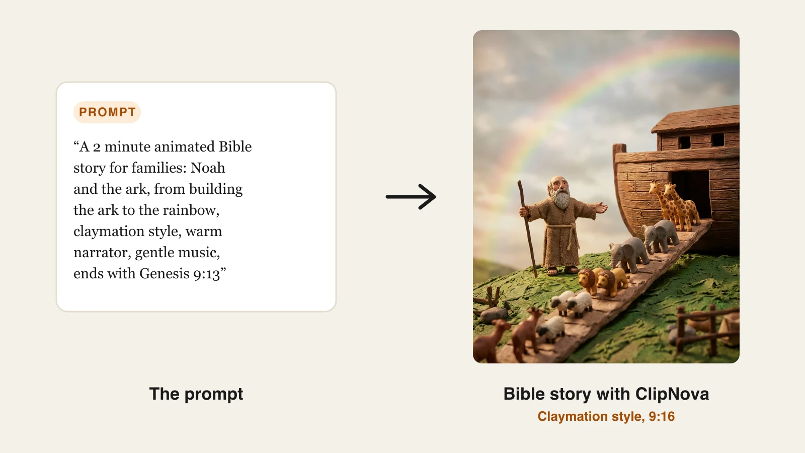 Animated Bible stories: a Noah and the ark prompt turned into a claymation frame with animals under a rainbow in ClipNova
