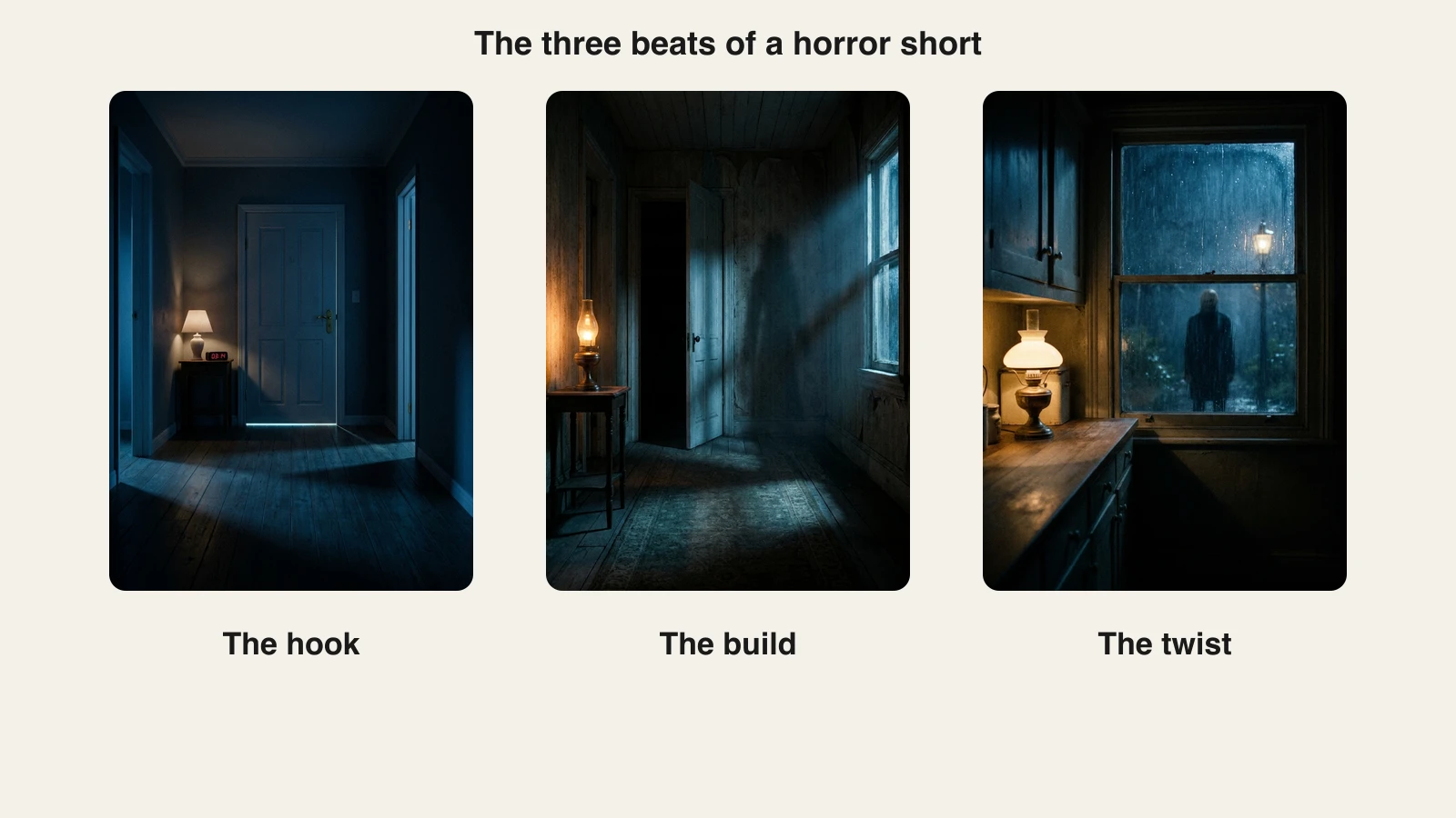 AI scary story video beats from ClipNova: a dark hallway hook, a shadow on the landing, a figure outside the window