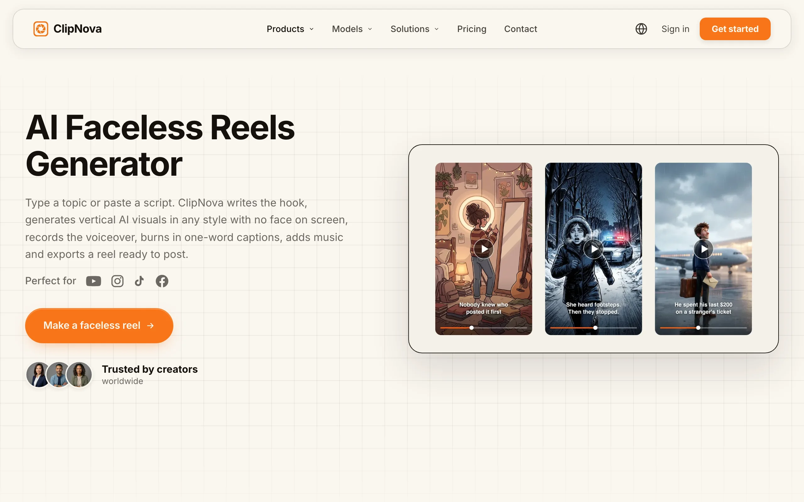 How to make AI horror story videos with ClipNova's AI Faceless Reels Generator page