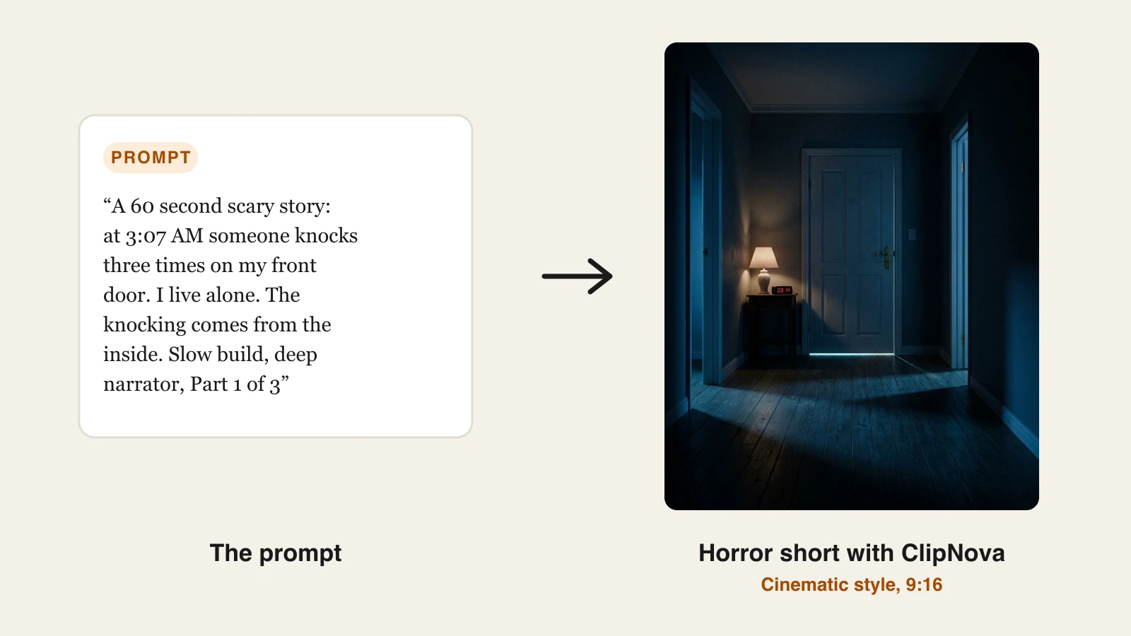 How to make AI horror story videos: a 3 AM knocking story prompt next to the dark hallway frame ClipNova generated