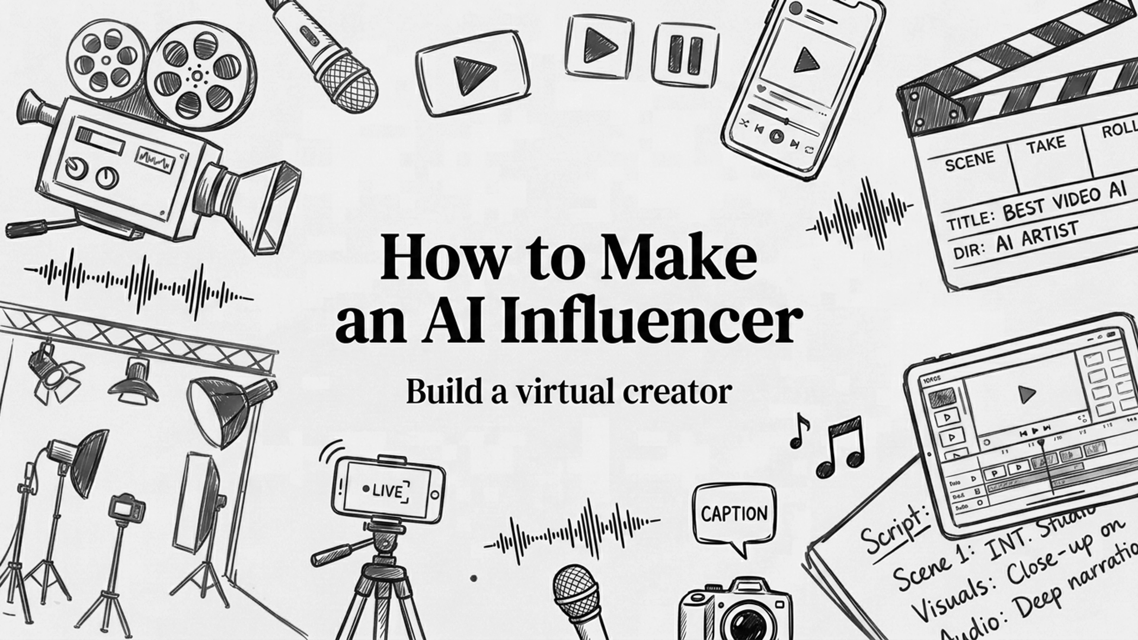 How to make an AI influencer: a black and white sketch of cameras, ring lights and a phone on a tripod for a virtual creator
