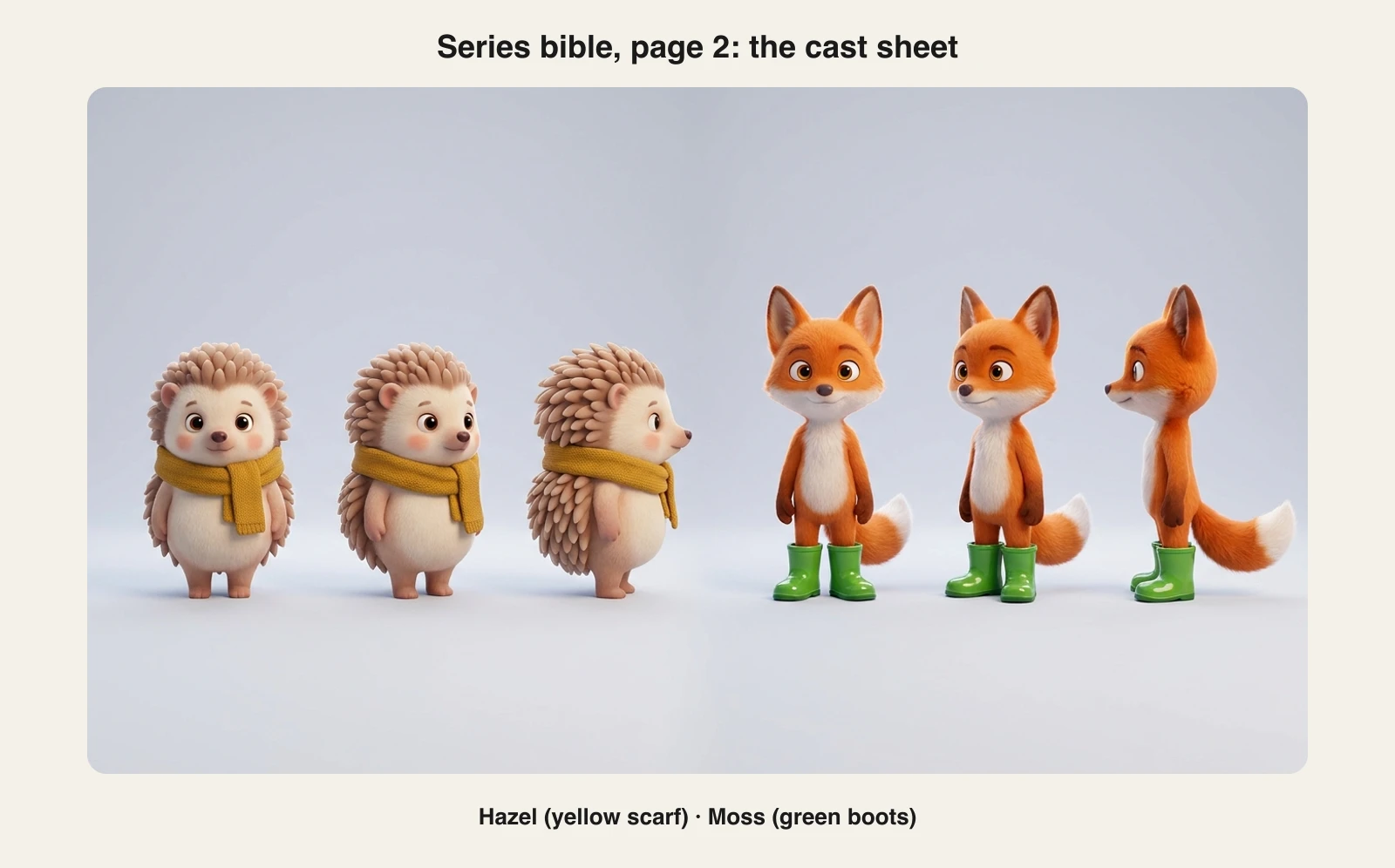 AI series character sheet: Hazel the hedgehog and Moss the fox kit in front, three-quarter and side views