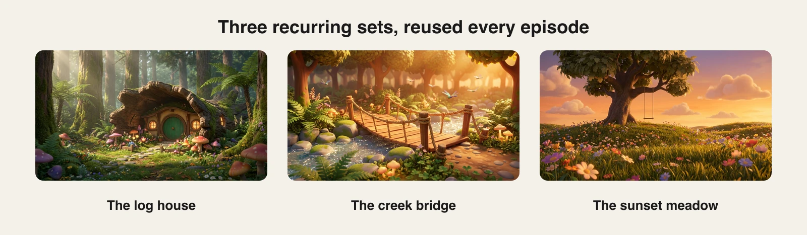 Recurring sets for an AI cartoon series: a log house, a creek bridge and a sunset meadow in the same 3D style