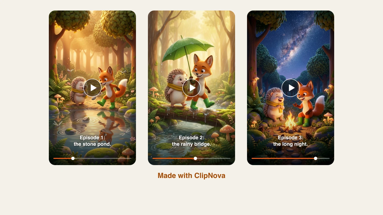 How to make an AI series: Hazel the hedgehog and Moss the fox across three episodes of the same series, three scenes made with ClipNova
